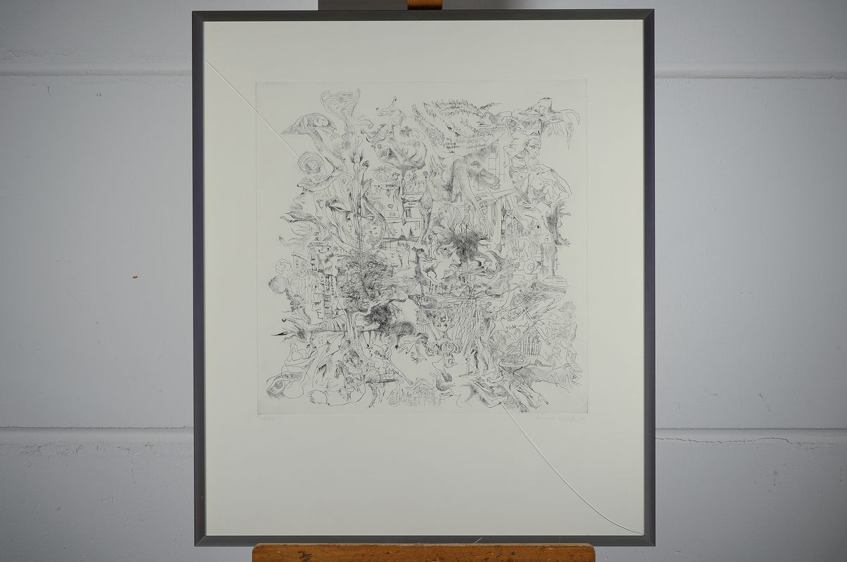 Detail k: Bernard Schultze, 1915-2005, Rätselhafte Geschehen, Radierung von 1964, handsigniert und num. 18/60, ca. 50x49cm, u.Gl., R. ca. 79x68cm