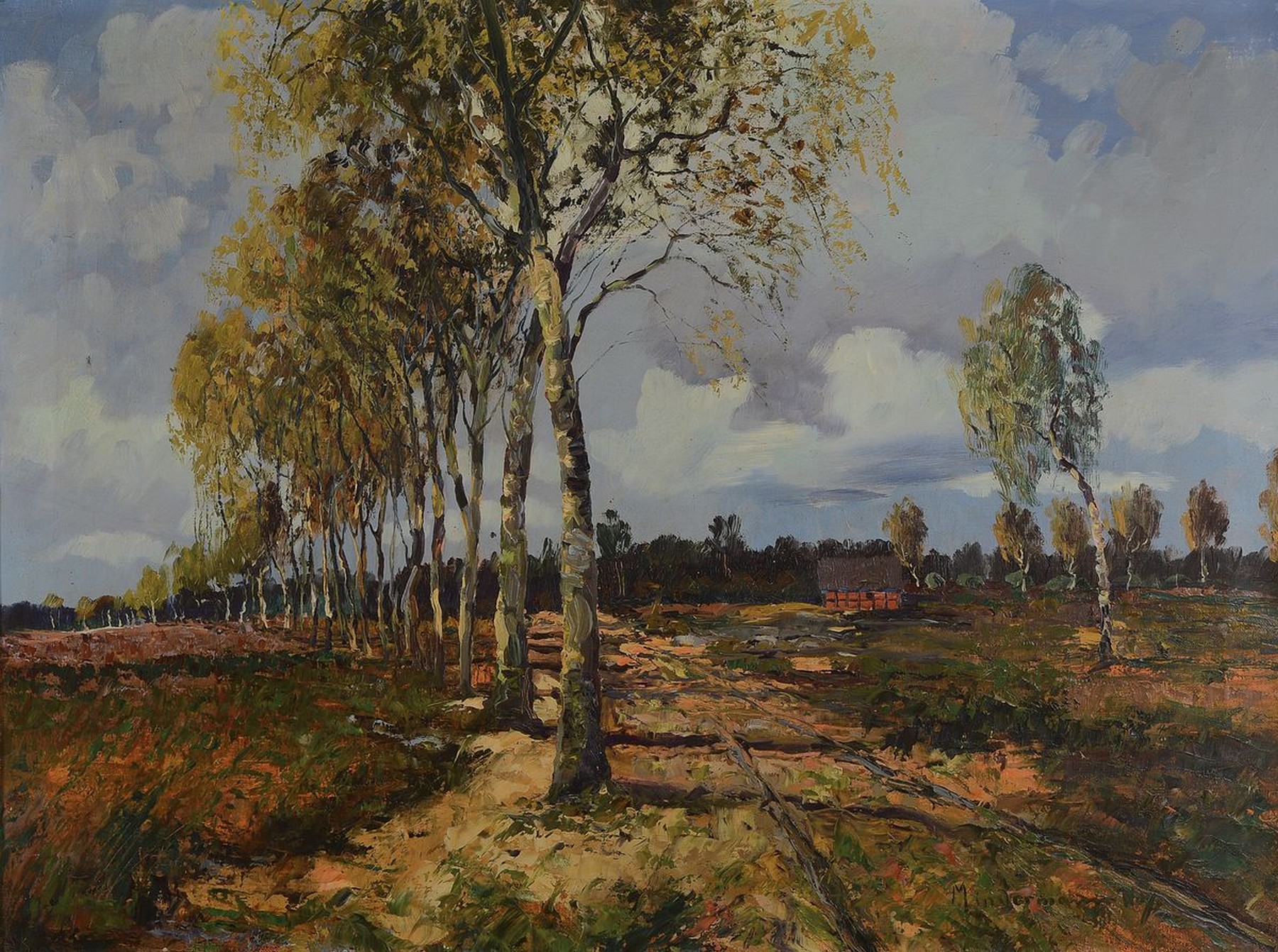 Johann Heinz Mindermann, 1872 Bremen-1959 Norderney, Norddeutsche Landschaft mit Birken und Bauernhaus, Öl/Lwd, rechts unten signiert, ca. 60x80cm, ...