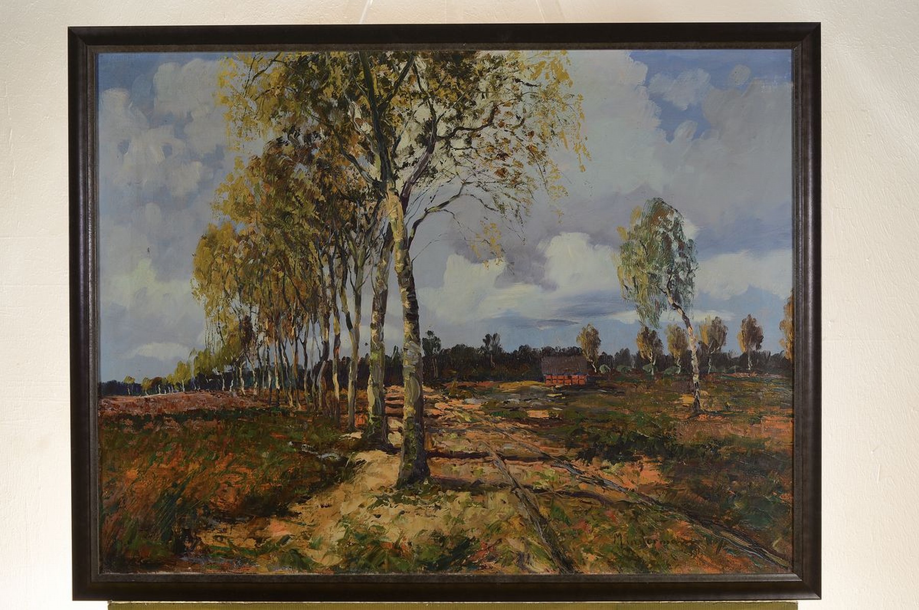 Detail k: Johann Heinz Mindermann, 1872 Bremen-1959 Norderney, Norddeutsche Landschaft mit Birken und Bauernhaus, Öl/Lwd, rechts unten signiert, ca. 60x80cm, ...
