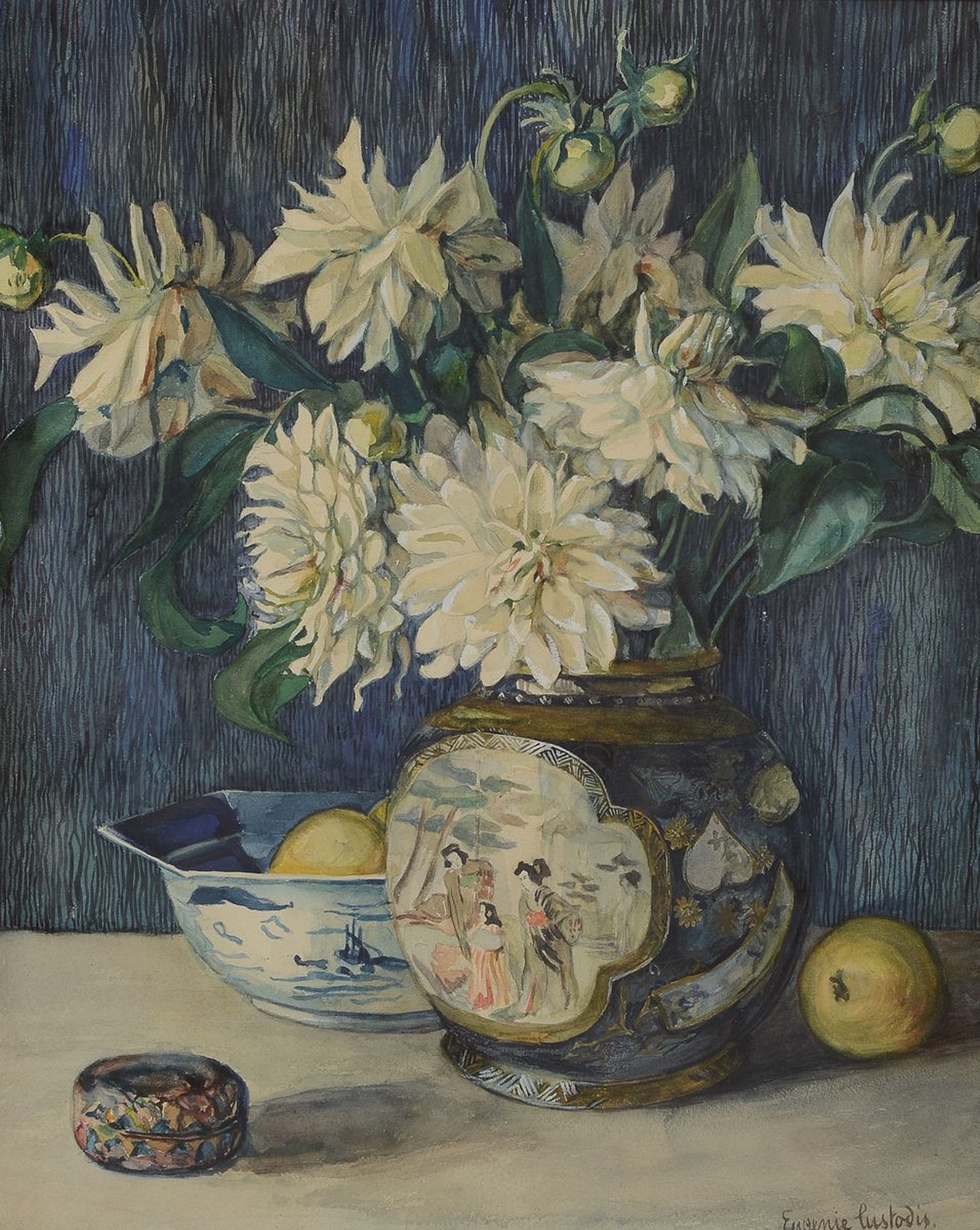 Eugenie Custodis, 1920er Jahre, Aquarell, Stillleben mit Blumen und Chinoiserien, re. u. signiert, ca. 57 x 46cm, u. Glas, R.
