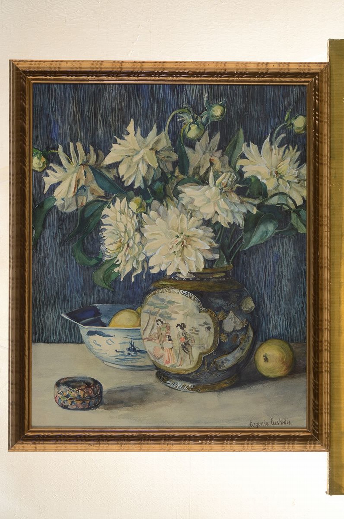 Detail k: Eugenie Custodis, 1920er Jahre, Aquarell, Stillleben mit Blumen und Chinoiserien, re. u. signiert, ca. 57 x 46cm, u. Glas, R.