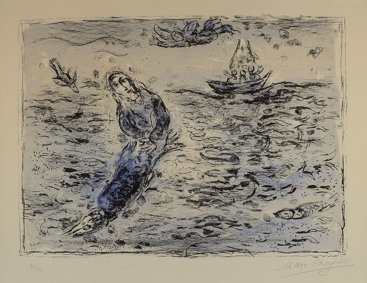 Marc Chagall, 1887-1985, Noah auf dem Meer, Farblithographie, handsigniert und num. 16/50, ca. 42x57cm, Blattgr. ca. 51x64cm, PP, u.Gl.,R. ca. 80x93cm