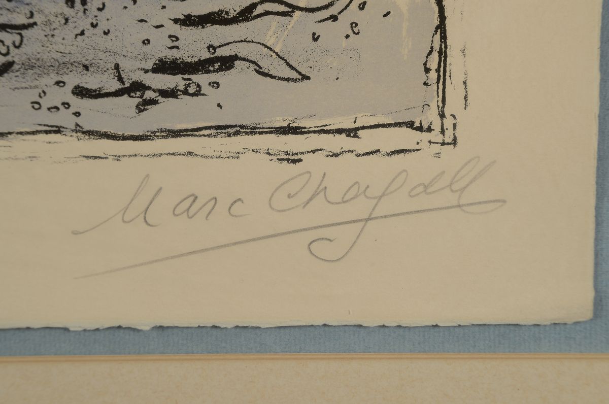 Detail a: Marc Chagall, 1887-1985, Noah auf dem Meer, Farblithographie, handsigniert und num. 16/50, ca. 42x57cm, Blattgr. ca. 51x64cm, PP, u.Gl.,R. ca. 80x93cm
