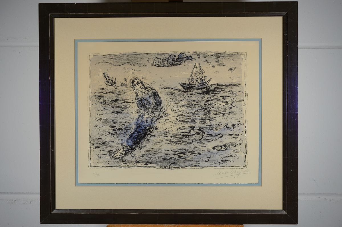 Detail k: Marc Chagall, 1887-1985, Noah auf dem Meer, Farblithographie, handsigniert und num. 16/50, ca. 42x57cm, Blattgr. ca. 51x64cm, PP, u.Gl.,R. ca. 80x93cm
