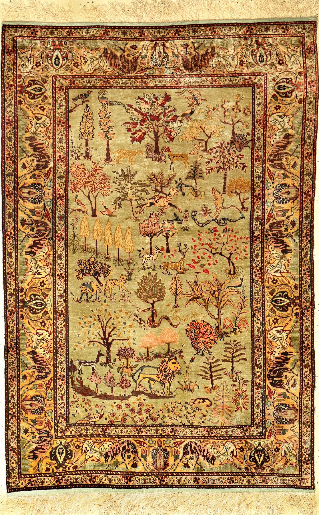 Grüner Seiden Kaisery alt (Paradies Tier-Darstellungen), Türkei, um 1950, reine Naturseide, ca. 144 x 98 cm, EHZ: 2. Feine Qualität, sehr seltene ...