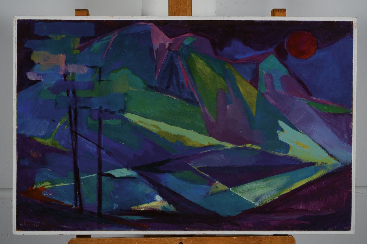 Detail k: Buno Krauskopf, 1892-1960, Sonne über Gebirgslandschaft, Öl/Hartfaser, links unten signiert, ca. 45x72cm, R.
