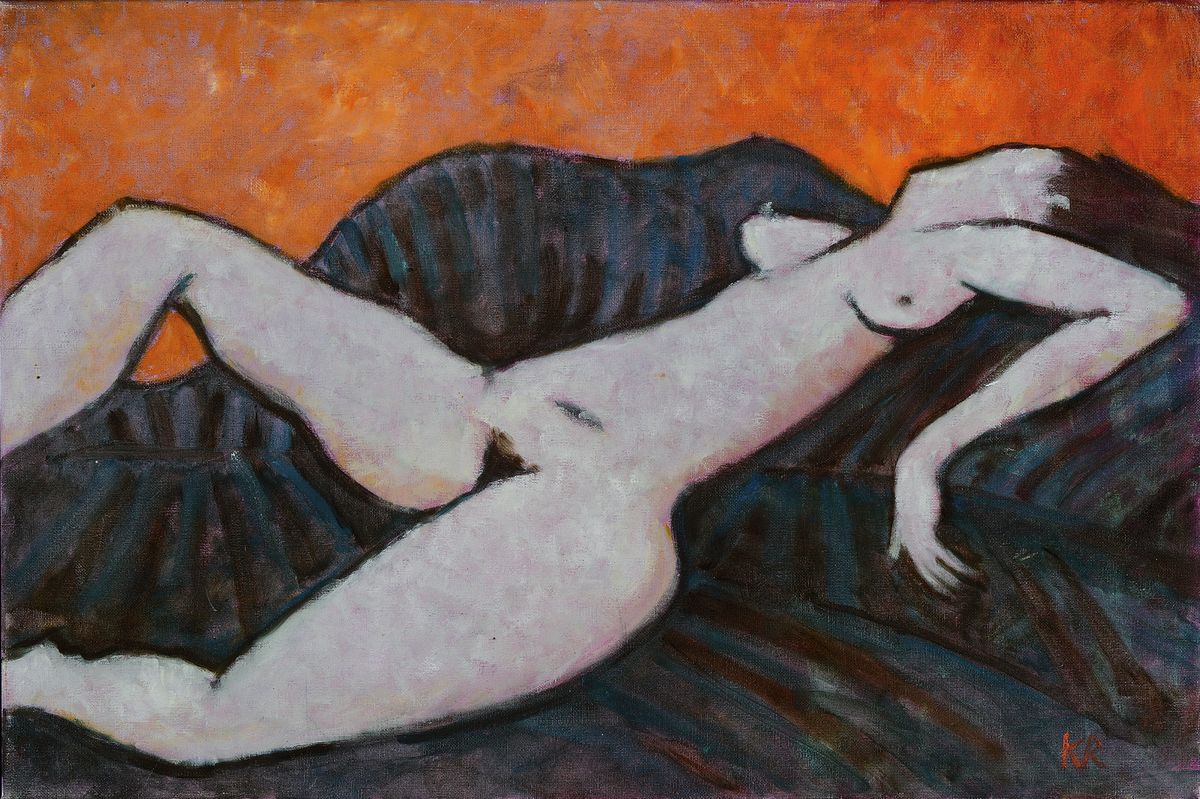 Klaus Rößler, 1939-2019, Maler in Usedom, liegender Akt, Öl/Lwd, rechts unten monogr., ca. 40x60cm