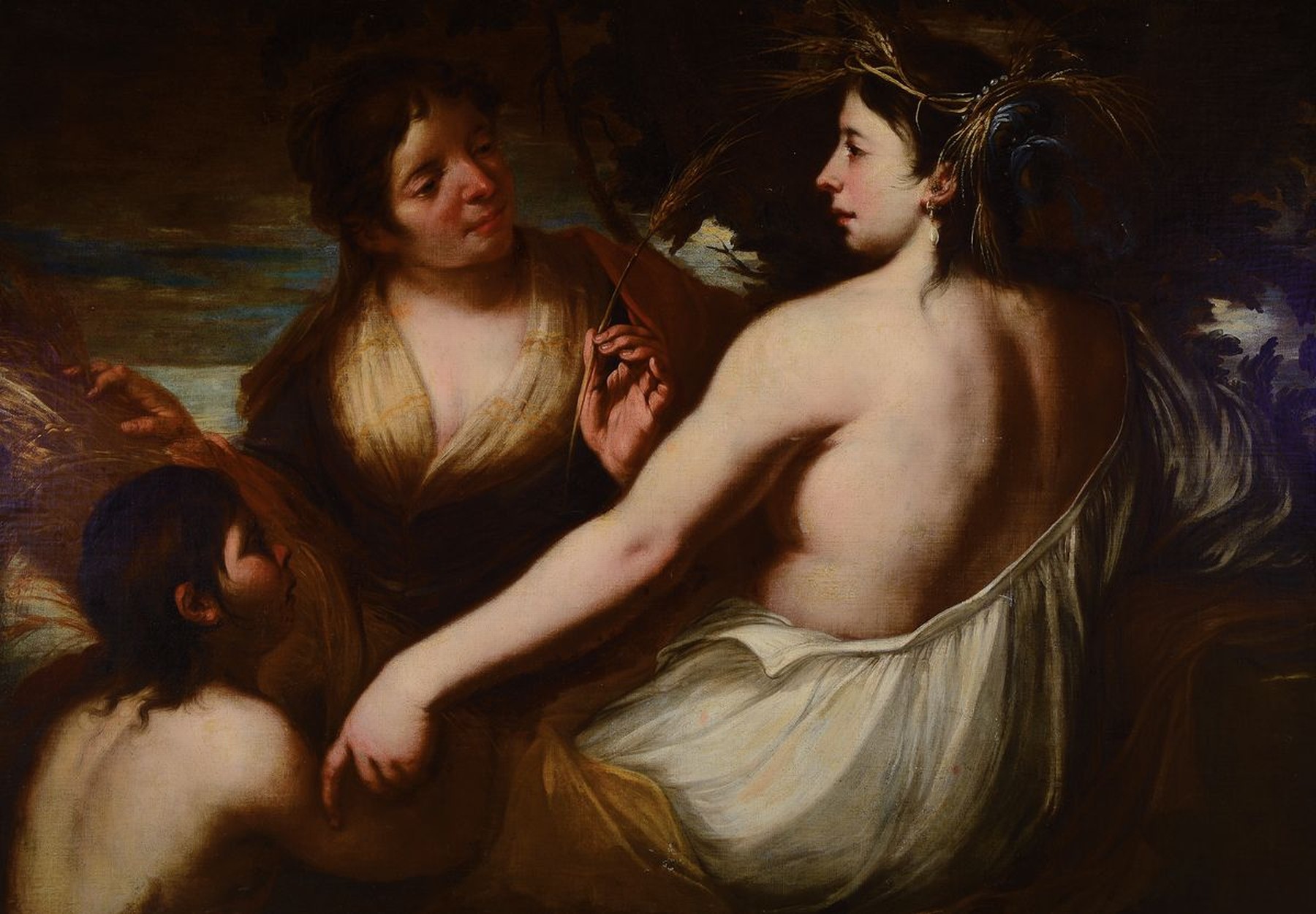 Umkreis Alessandro Varotari, um 1650, mit Ähren bekränzte Ceres, zwei Dienerinnen mit Garben, Allegorie auf den Sommer, nach Alessandro Varotari ...