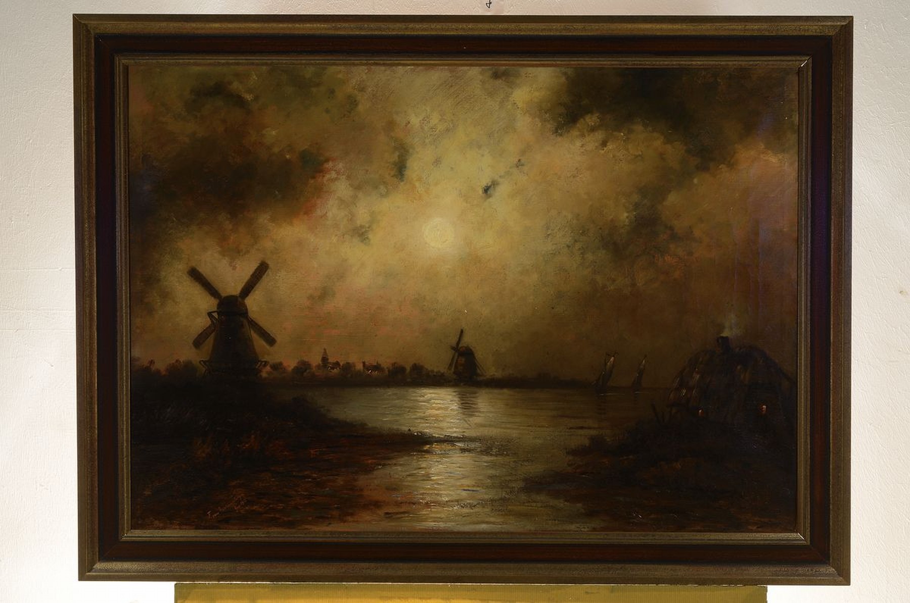 Detail k: F. van Varenburgh oder ähnlich, wohl niederländischer Maler, 19/20. Jh., Mühlenlandschaft bei Mondlicht, impress. Malweise, fast geheimnisvolle ...