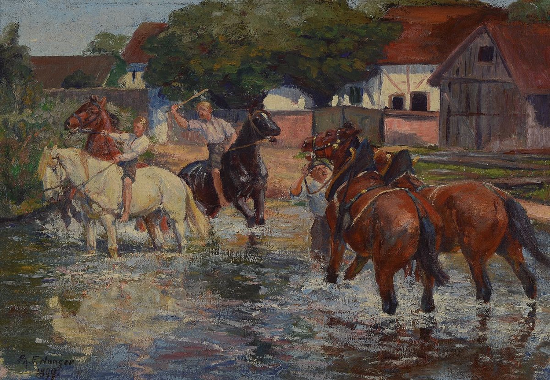 Philipp Jakob Erlanger, 1870 Frankfurt - 1934 Braunschweig, übermütige Jungen mit Pferden im Bachbett, Öl/Lwd, li. u. signiert und dat. 1899, ca. ...