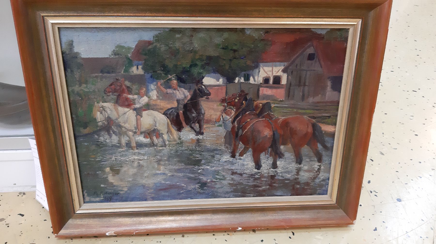 Detail b: Philipp Jakob Erlanger, 1870 Frankfurt - 1934 Braunschweig, übermütige Jungen mit Pferden im Bachbett, Öl/Lwd, li. u. signiert und dat. 1899, ca. ...