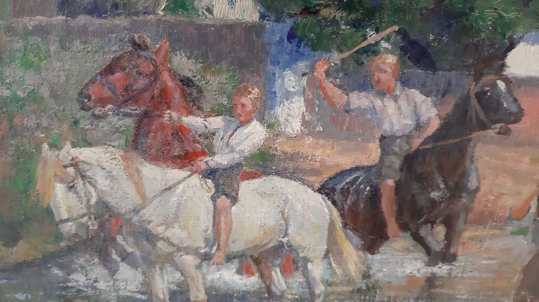 Detail d: Philipp Jakob Erlanger, 1870 Frankfurt - 1934 Braunschweig, übermütige Jungen mit Pferden im Bachbett, Öl/Lwd, li. u. signiert und dat. 1899, ca. ...