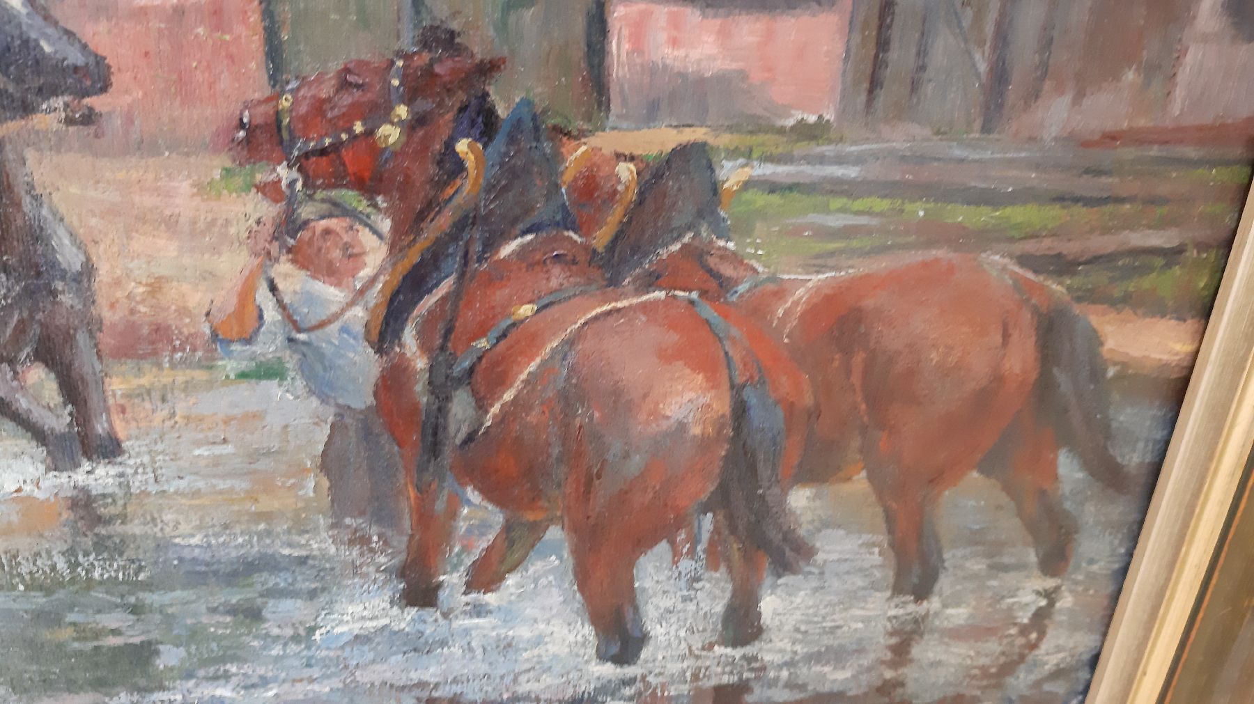 Detail e: Philipp Jakob Erlanger, 1870 Frankfurt - 1934 Braunschweig, übermütige Jungen mit Pferden im Bachbett, Öl/Lwd, li. u. signiert und dat. 1899, ca. ...