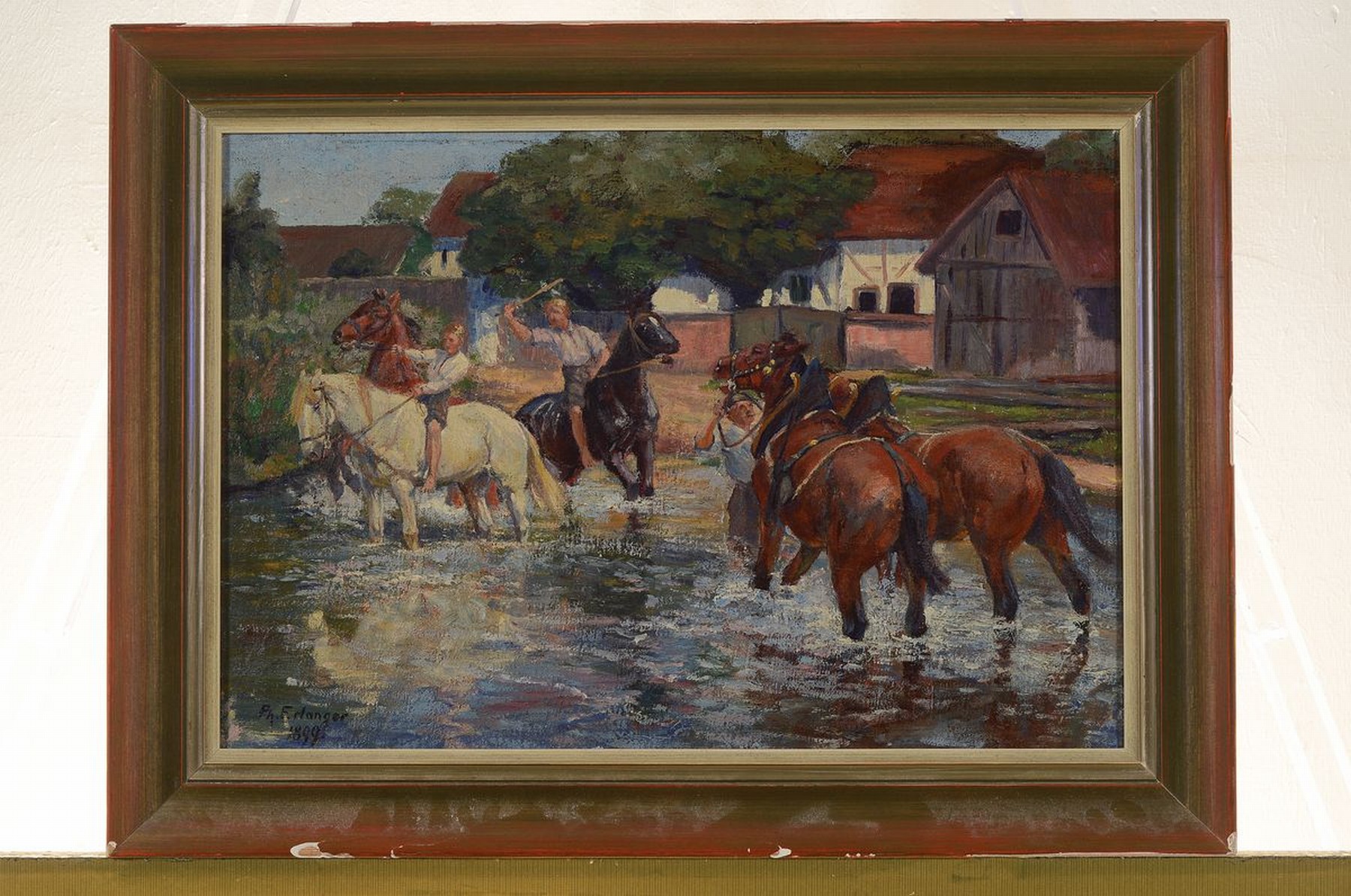 Detail k: Philipp Jakob Erlanger, 1870 Frankfurt - 1934 Braunschweig, übermütige Jungen mit Pferden im Bachbett, Öl/Lwd, li. u. signiert und dat. 1899, ca. ...
