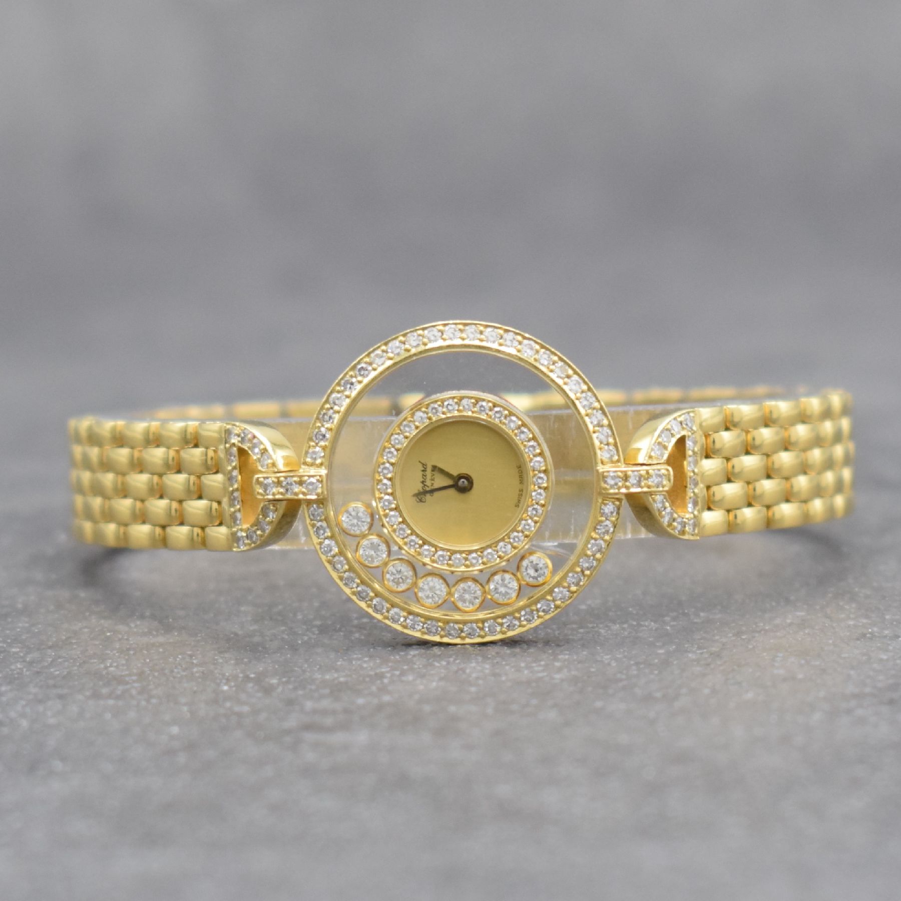 CHOPARD Happy Diamonds ausgefallene Damenarmbanduhr in GG 750/000 mit Diamanten, Schweiz um 1990, Ref. 4097 1, beids. vergl. Gehäuse (Glas oben ...
