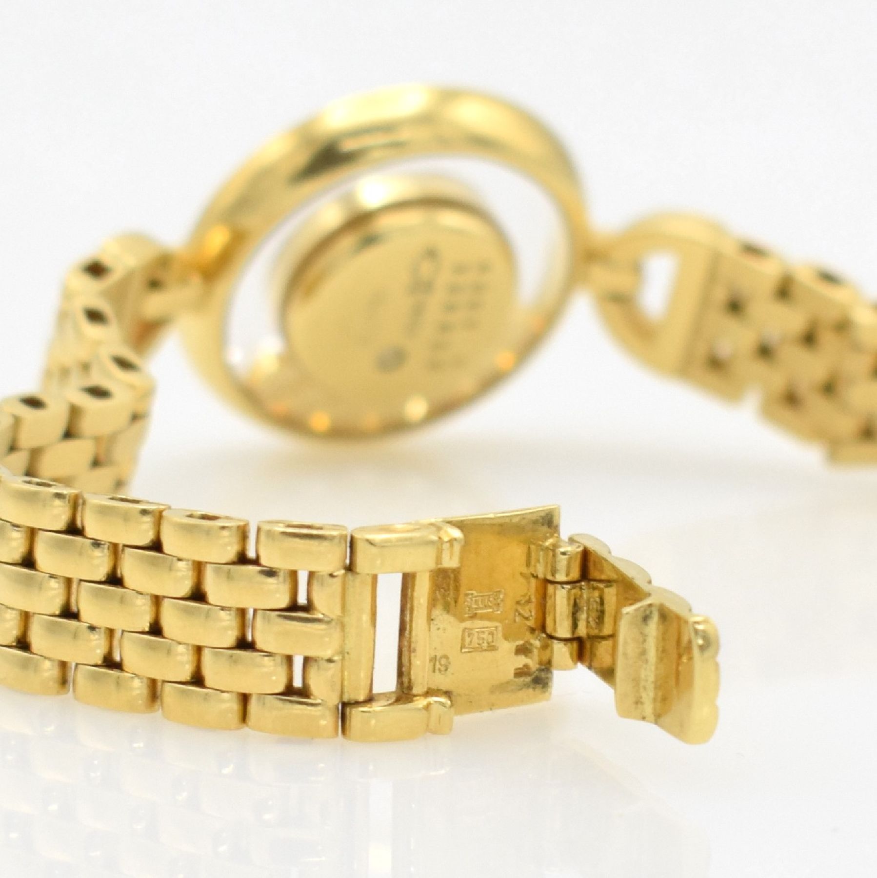 Detail e: CHOPARD Happy Diamonds ausgefallene Damenarmbanduhr in GG 750/000 mit Diamanten, Schweiz um 1990, Ref. 4097 1, beids. vergl. Gehäuse (Glas oben ...