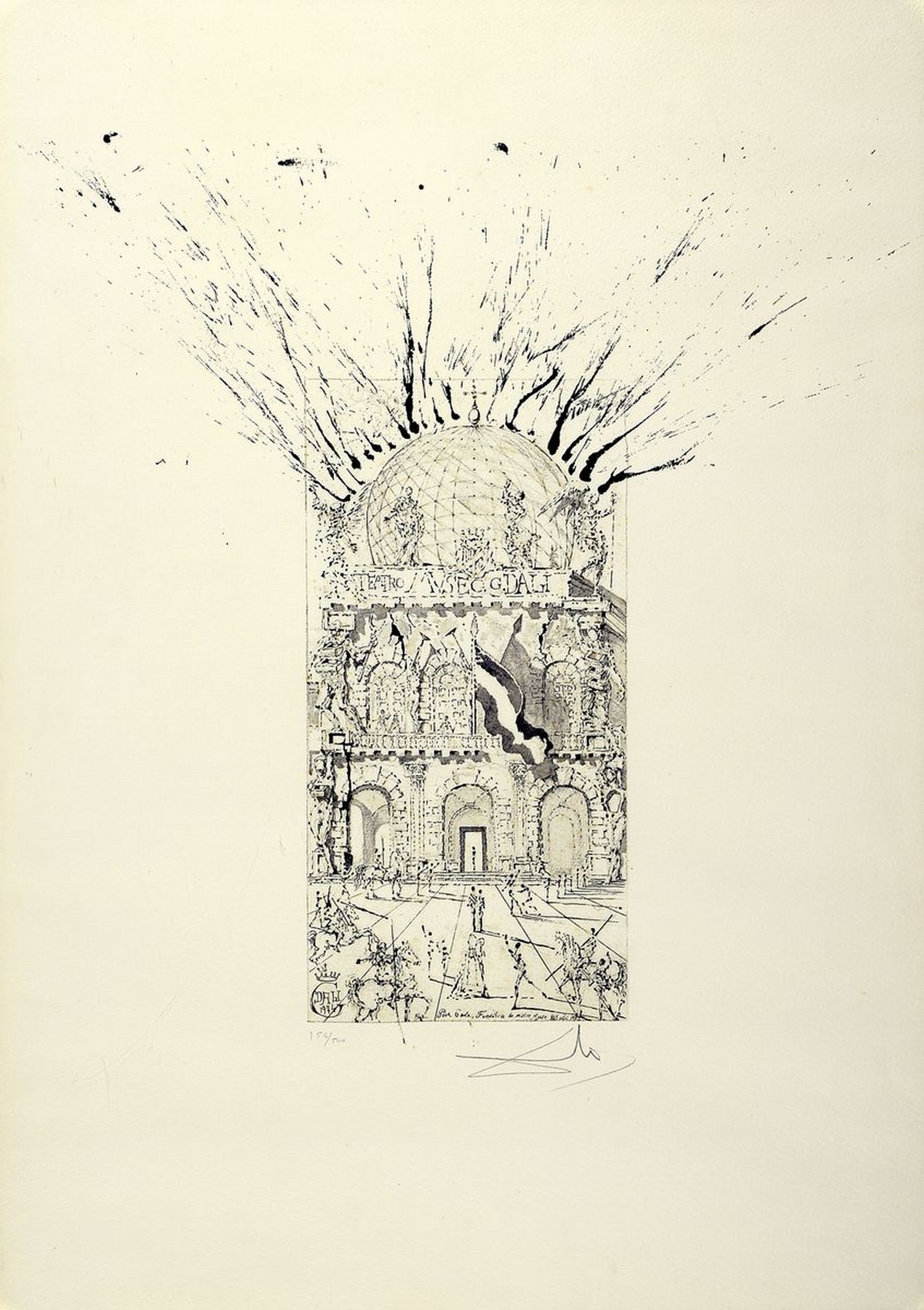 Salvador Dali, 1904-1989, Le Musee de Figueras, Radierung von 1974, handsigniert, num. 156/500, unter Glas , gesamt ca. 73x54 cm