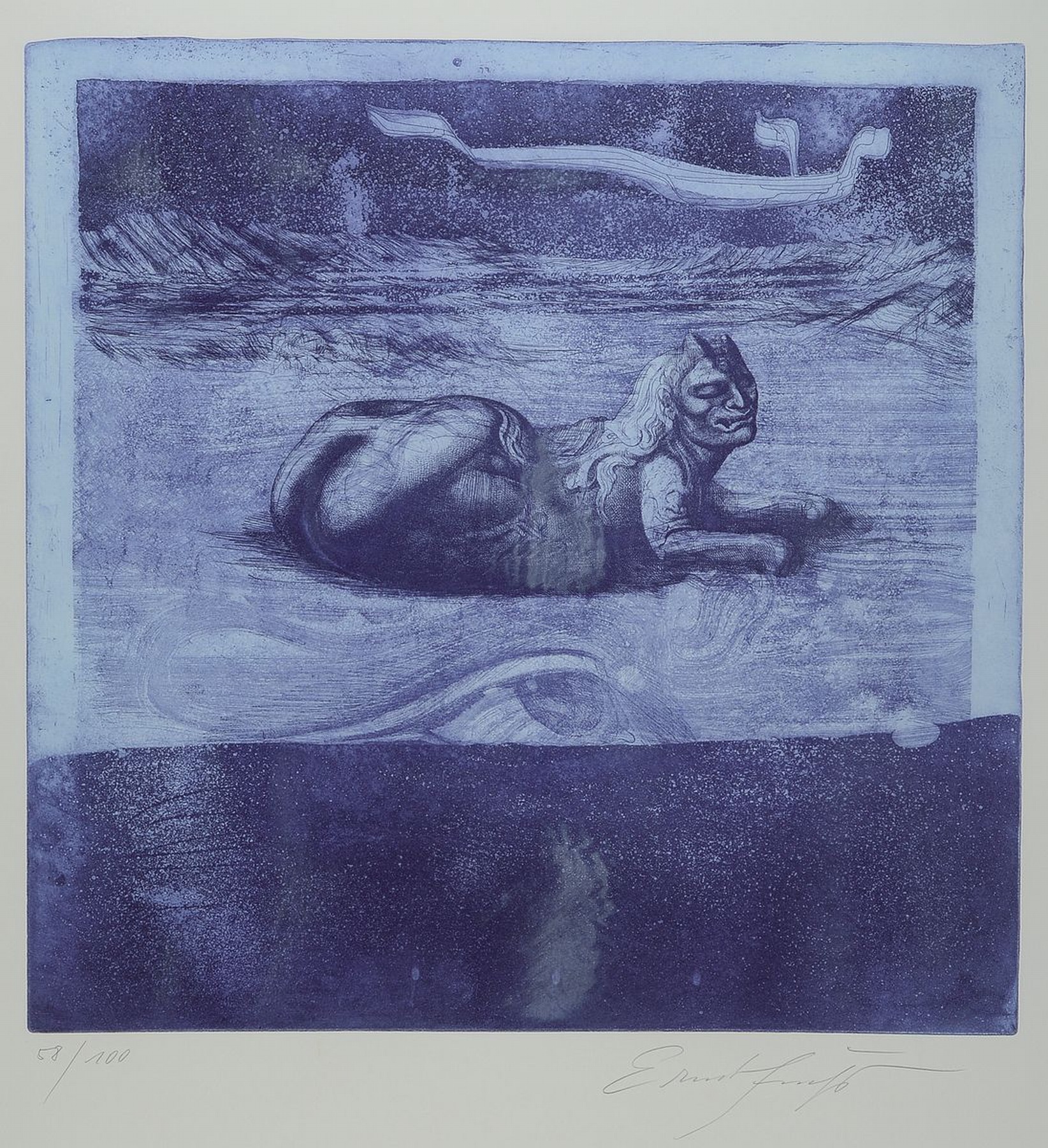Ernst Fuchs, 1930-2015, Sphinx der Wüste Sinear, Aquatintaradierung von 1970, handsigniert, num. 58/100, ca. 49.5x49.5cm, Blattgr. ca. 89x62cm, ...