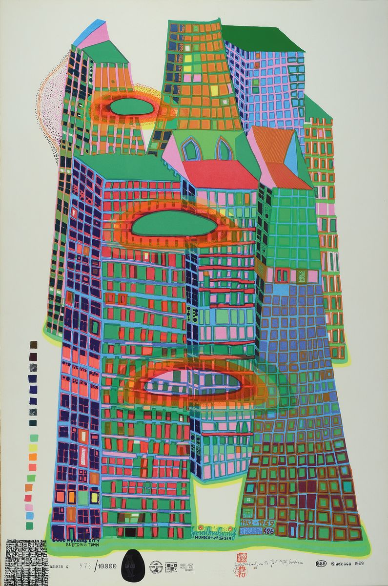 Friedensreich Hundertwasser, 1928-2000, Good Morning City Bleeding Town, Farbsiebdruck mit Metallfolienprägung, num. Serie C 573/ 10000, ca. ...