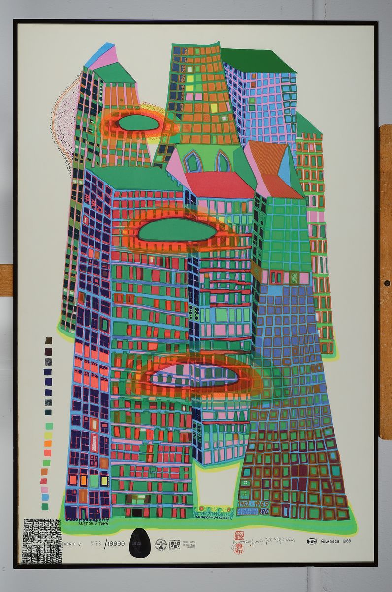 Detail k: Friedensreich Hundertwasser, 1928-2000, Good Morning City Bleeding Town, Farbsiebdruck mit Metallfolienprägung, num. Serie C 573/ 10000, ca. ...