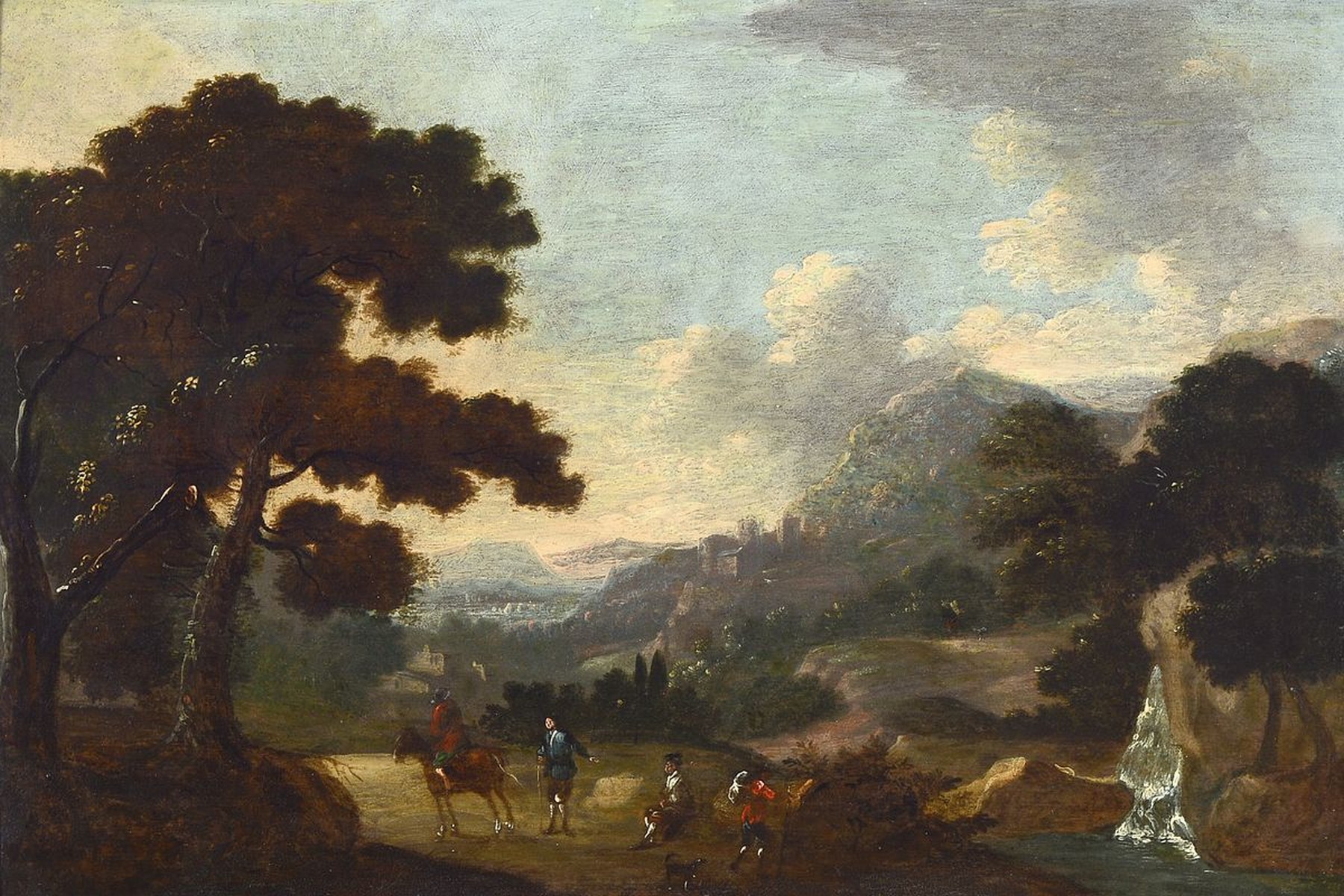 Unbekannter Künstler, Niederlande, um 1750-60, Begegnung zwischen Reiter und rastenden Männern, im Hintergrund ideale Landschaft mit Stadt und ...