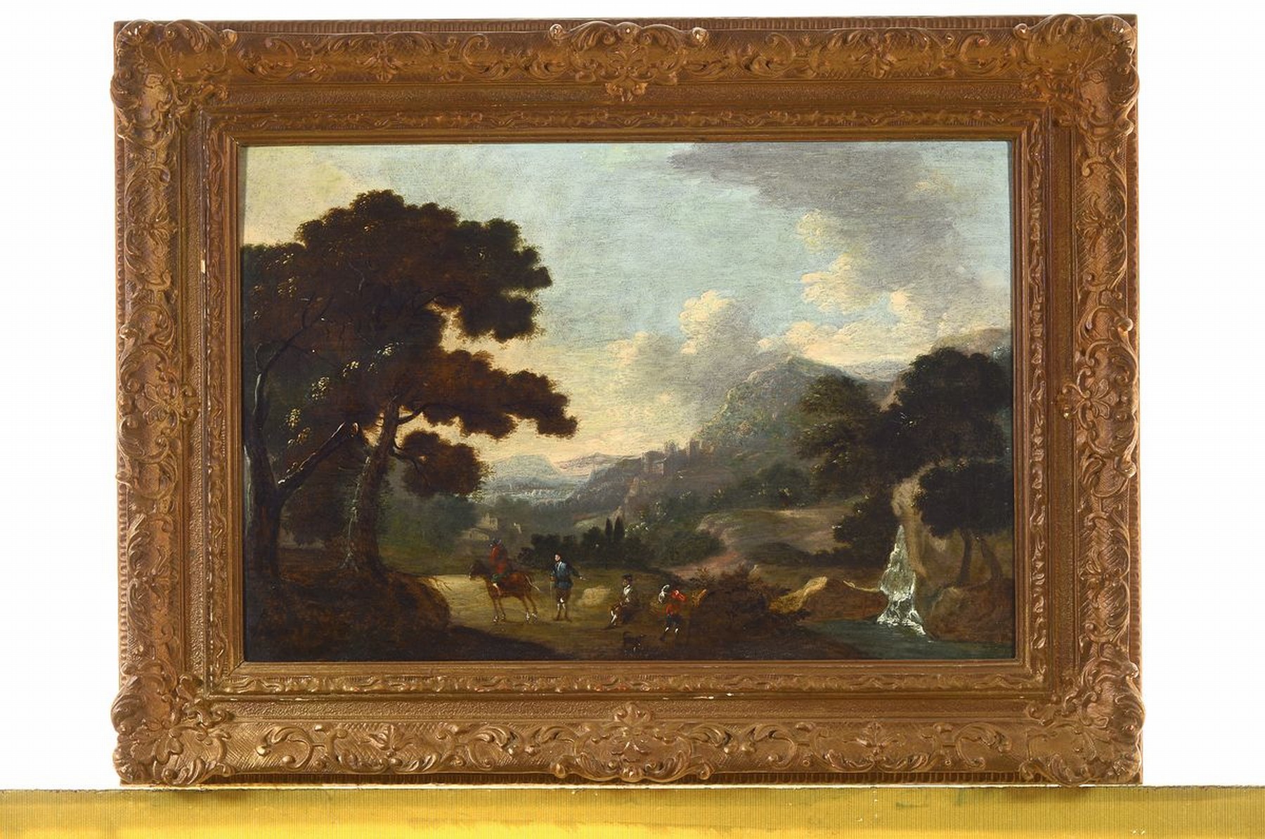 Detail k: Unbekannter Künstler, Niederlande, um 1750-60, Begegnung zwischen Reiter und rastenden Männern, im Hintergrund ideale Landschaft mit Stadt und ...