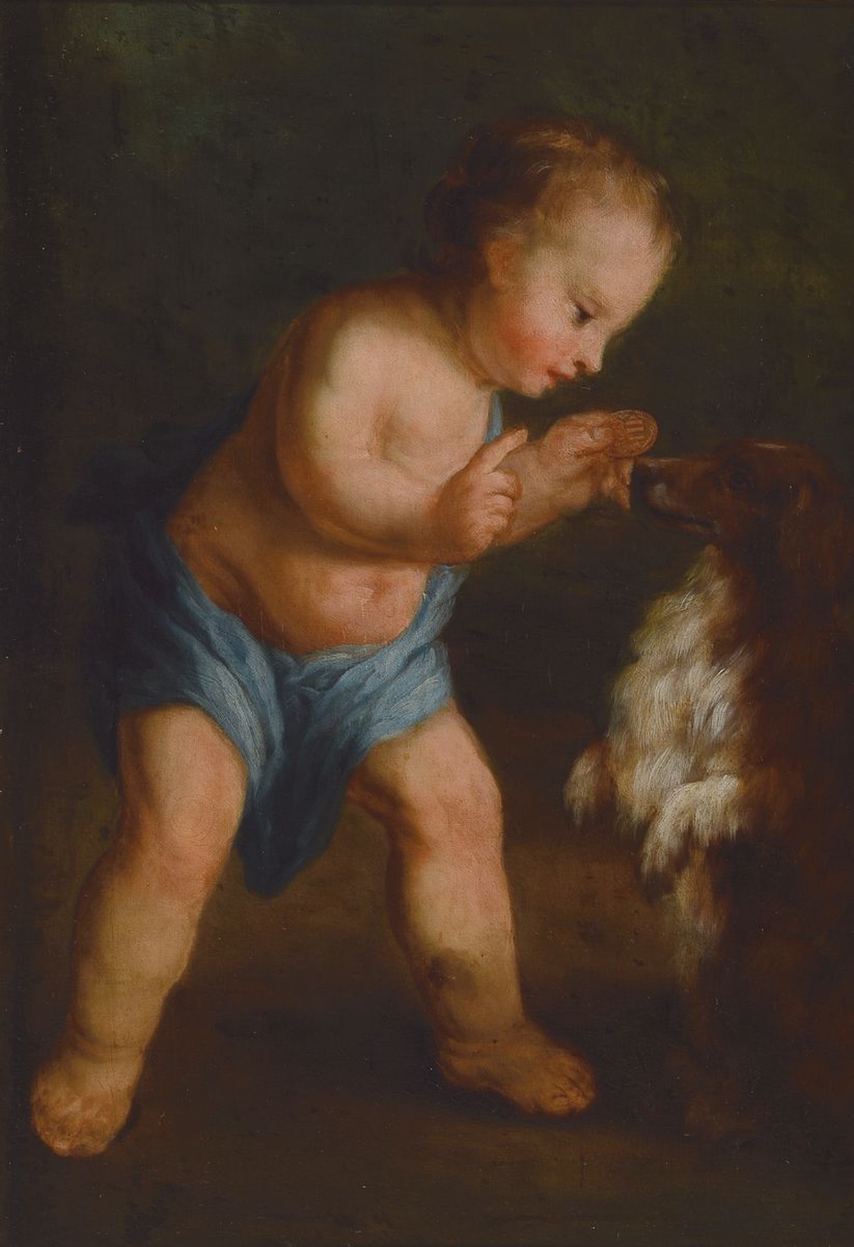 Zuschreibung: Johann Heinrich Tischbein d.Ä., 1722 Haina-1789 Kassel, Die Dressur, kleiner Junge hält einem Hund ein Gebäckstück als Belohnung ...