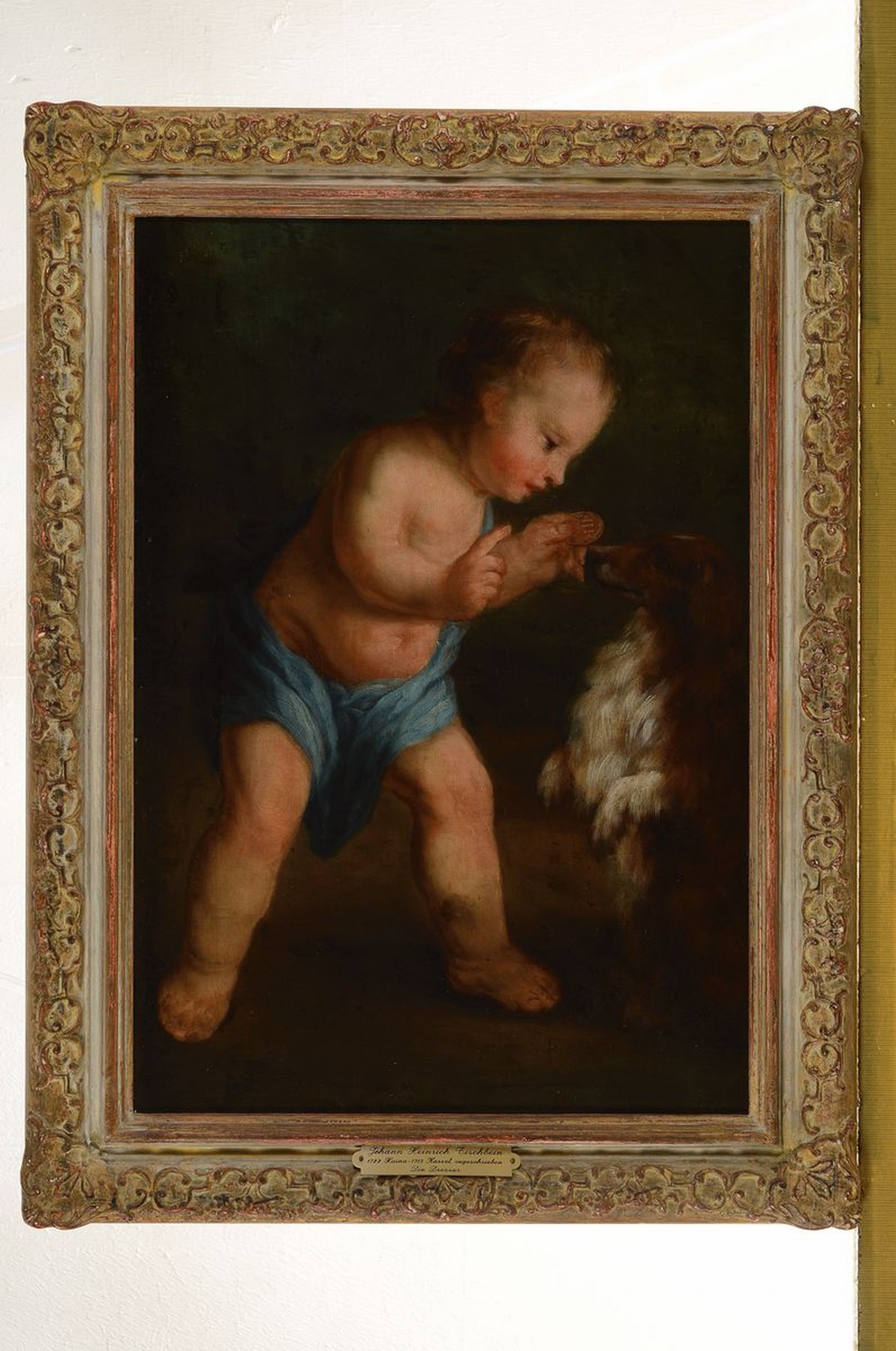 Detail k: Zuschreibung: Johann Heinrich Tischbein d.Ä., 1722 Haina-1789 Kassel, Die Dressur, kleiner Junge hält einem Hund ein Gebäckstück als Belohnung ...