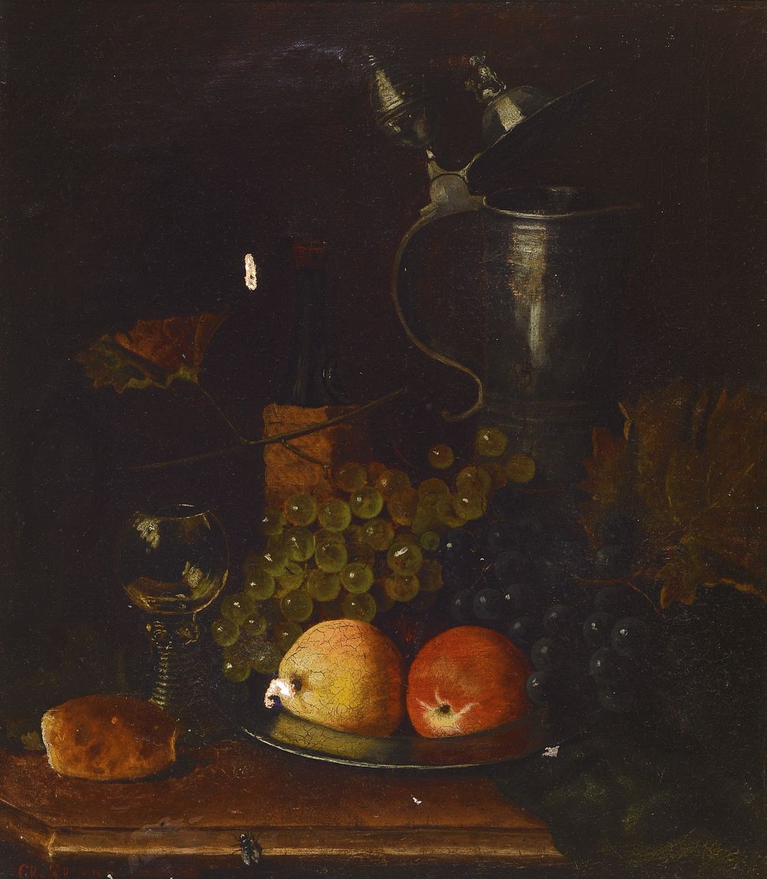 Christian Schmidt, 1835 Kiel, Früchtestillleben nach holländischen Vorbild des angehenden 17. Jh., Äpfel, Birnen, Trauben und verwelktes ...
