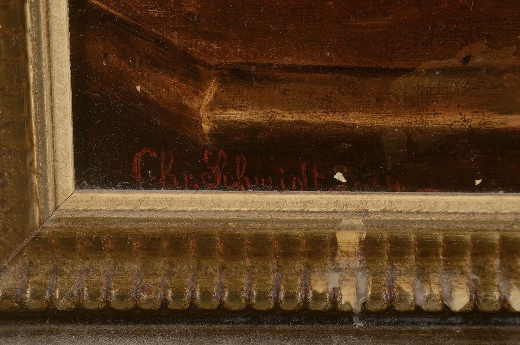 Detail a: Christian Schmidt, 1835 Kiel, Früchtestillleben nach holländischen Vorbild des angehenden 17. Jh., Äpfel, Birnen, Trauben und verwelktes ...