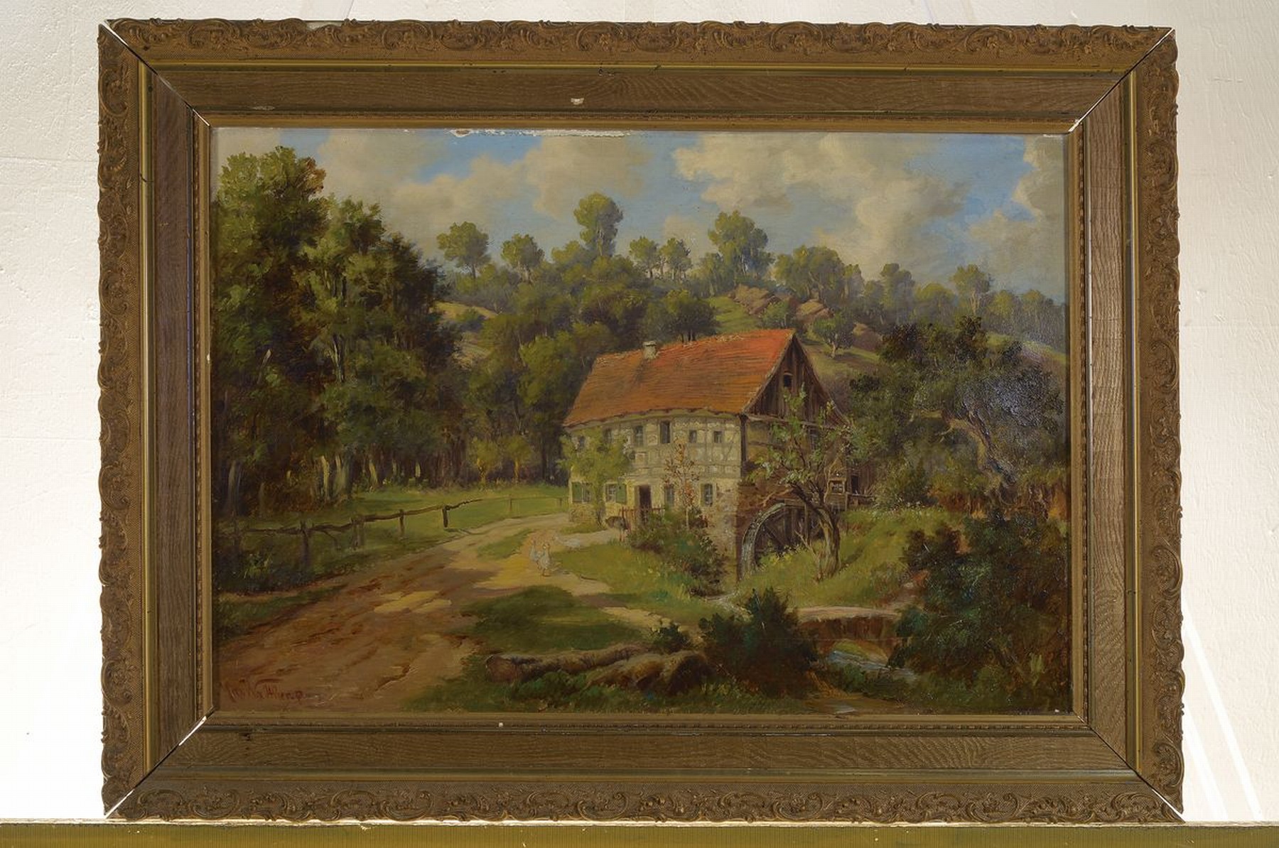 Detail k: Max Walther, 1856 Dresden - 1910, Ansicht einer Mühle, wohl Schwarzwald, Beobachtung der sonnenbeschienenen Mühle im Kontrast zum kühlen Kolorit ...
