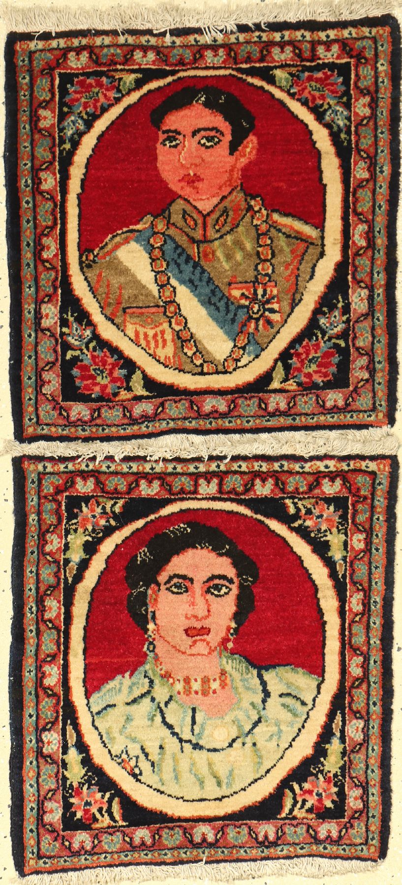 1 Paar Khorassan alt, Persien, um 1920, Wolle auf Baumwolle, ca. 47 x 44 cm, Schah undseine Frau, EHZ: 2-3, selten