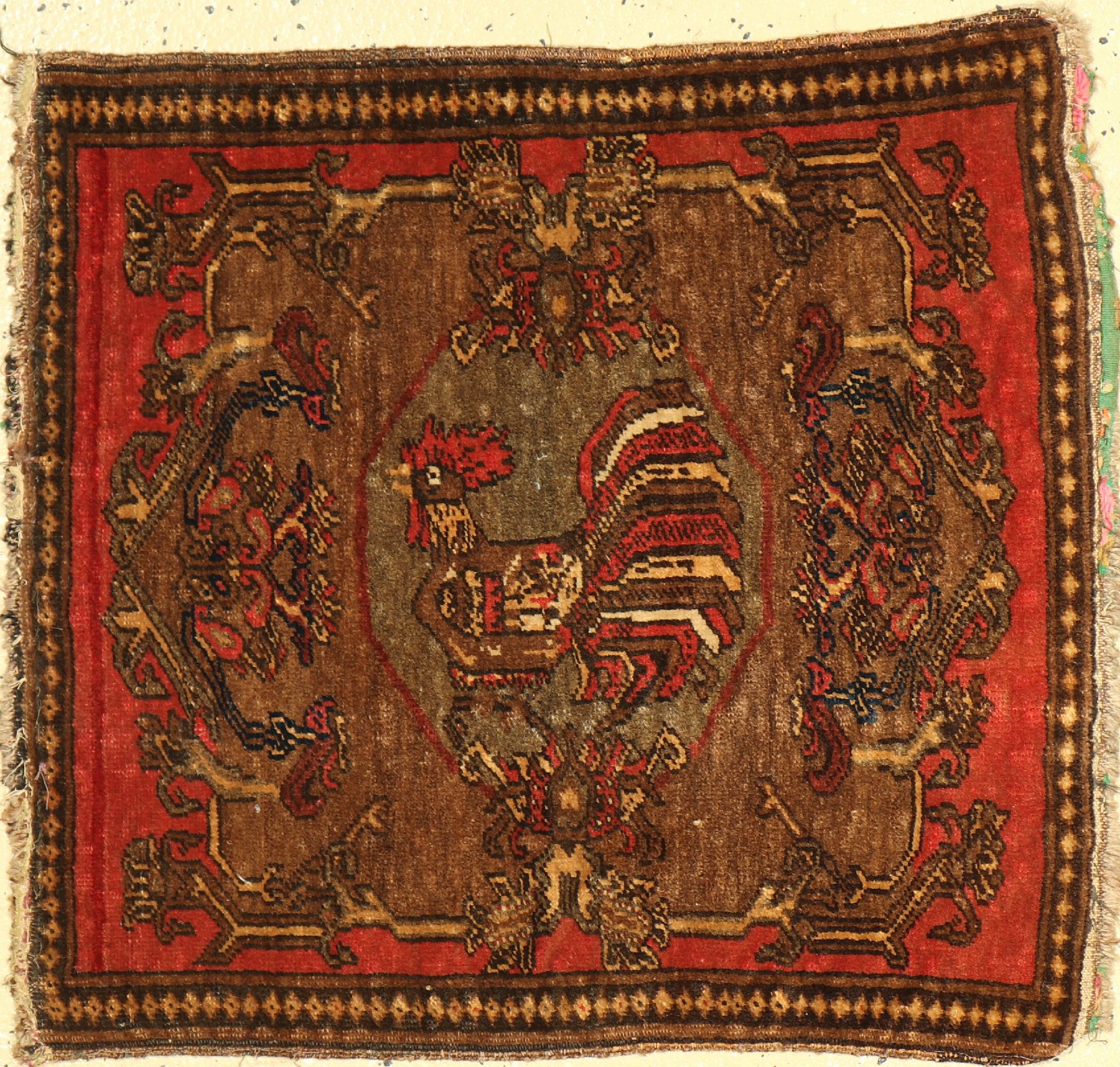 Bildteppich alt (Hahn), Persien, um 1920, Wolle auf Baumwolle, ca. 58 x 53 cm, EHZ: 3