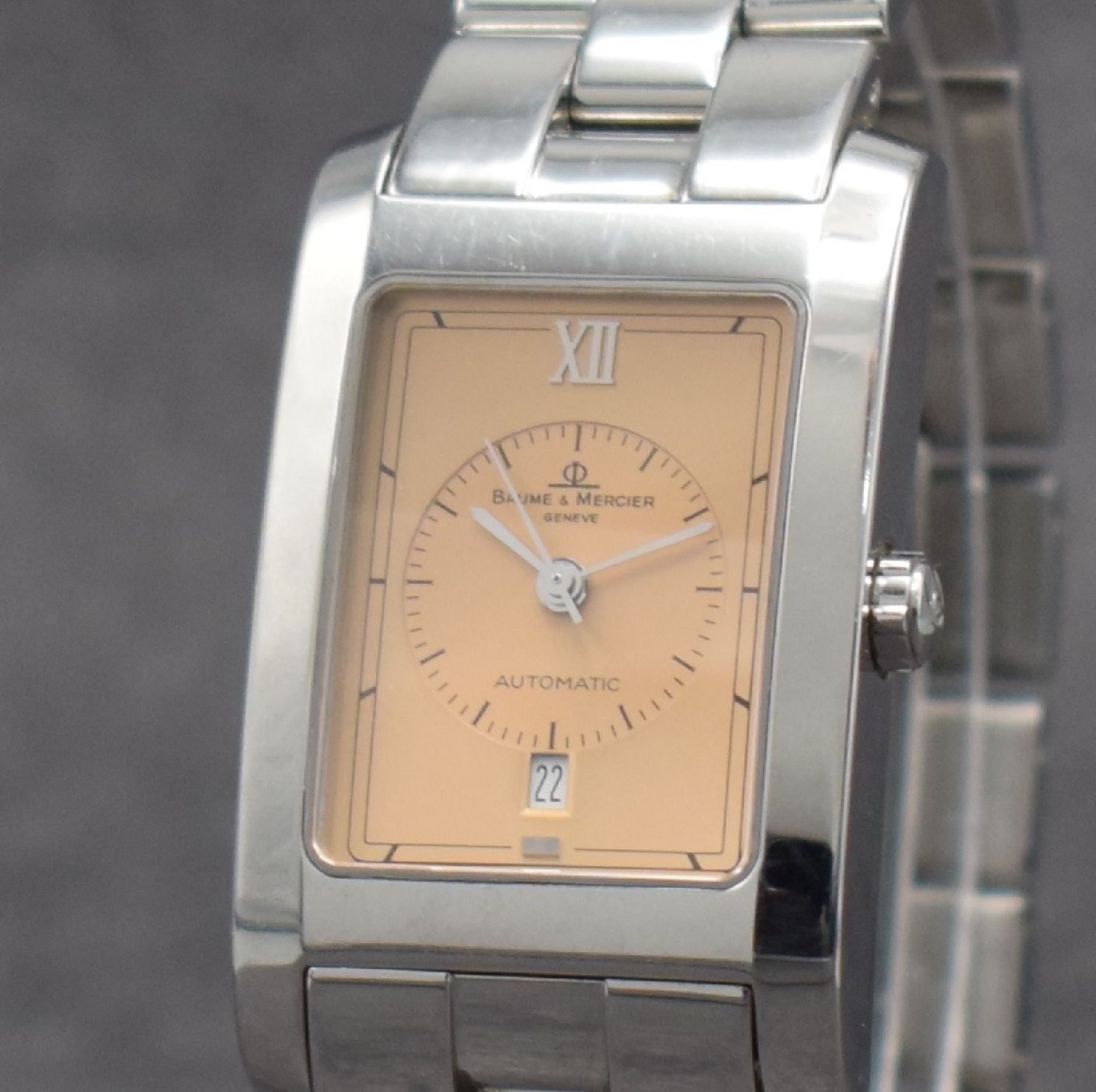 Detail c: BAUME MERCIER Hampton Armbanduhr in Edelstahl, Schweiz um 1996, Automatik, rechteckiges Geh., Boden aufgedr., Gliederband m. Faltschl., kupferfarb. ...