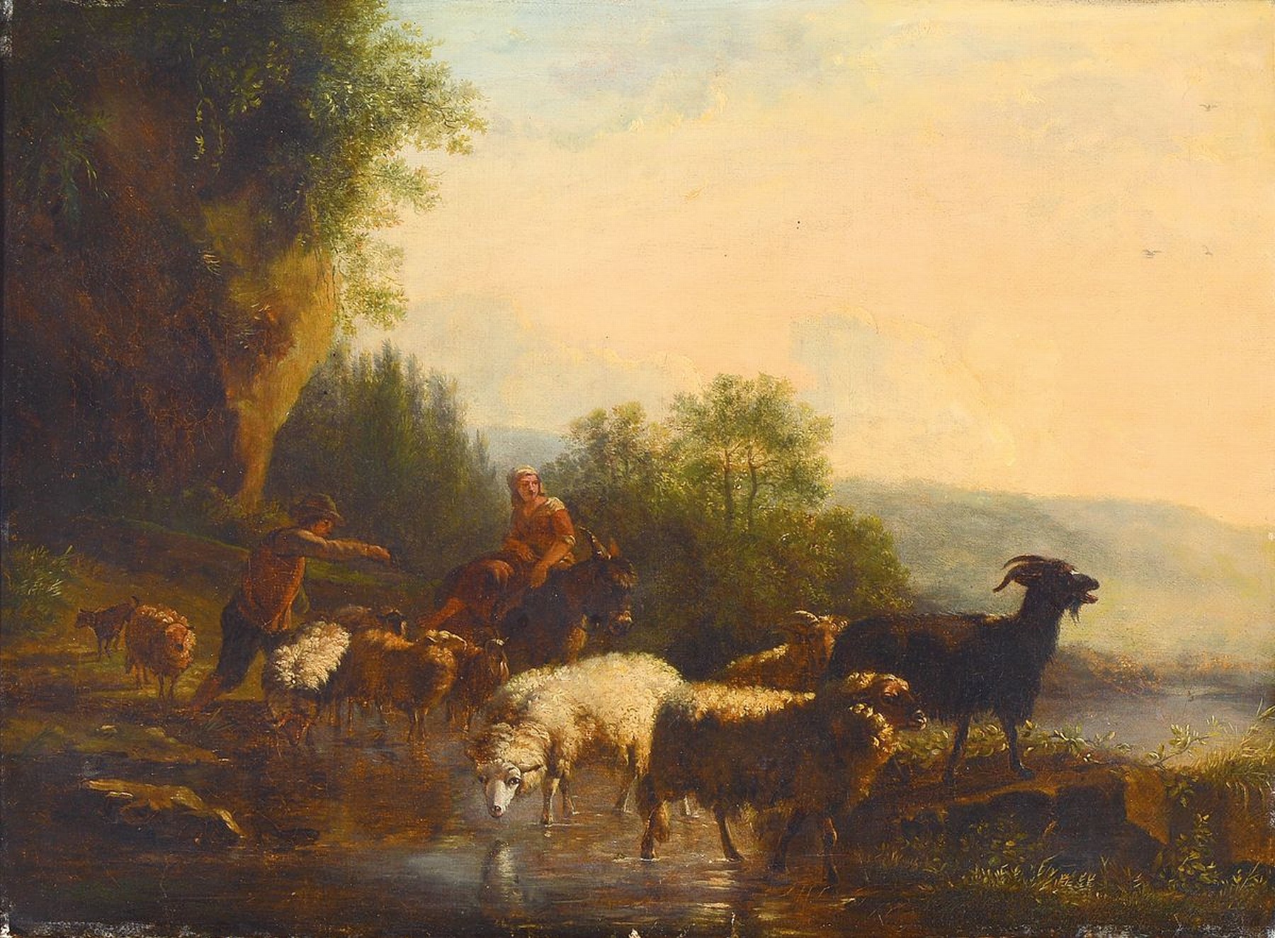 Zuschreibung; Joseph Roos, 1726-1805 Wien, Hütejunge mit Schafen und Ziegen, junge Frau auf Esel, Öl/Lwd, rest., doubliert, ca. 36 x 49.5cm, R. ...