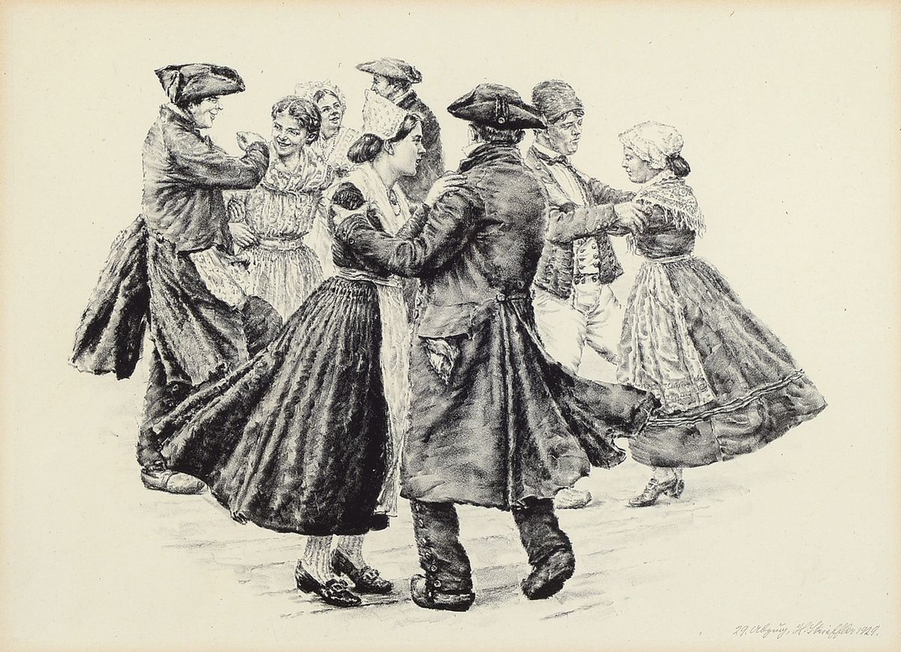 Heinrich Strieffler, 1872-1949 Landau, Ausbildung an der Akademie München, hier: Pfälzer Tanz, Lithografie, rechts unten signiert, Passepartout, ...