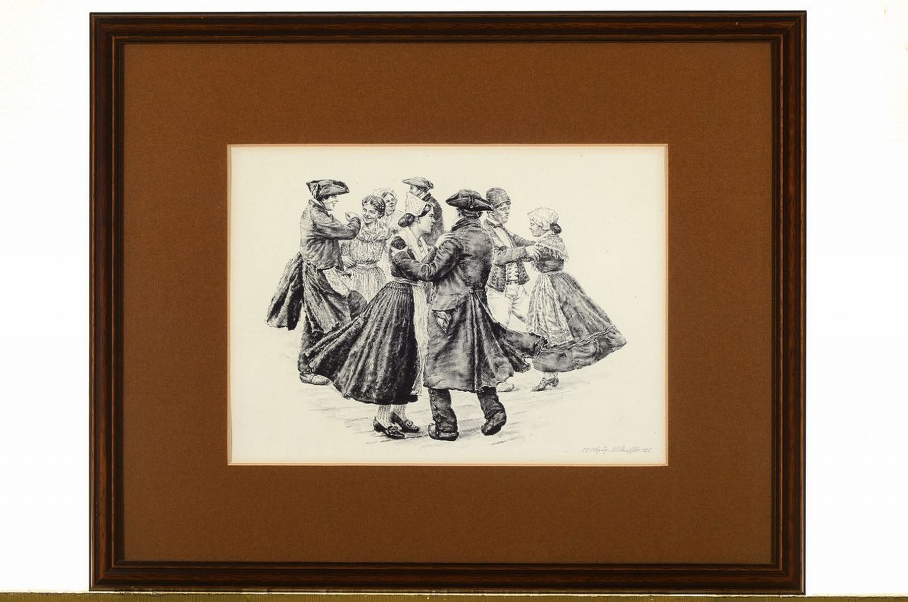 Detail k: Heinrich Strieffler, 1872-1949 Landau, Ausbildung an der Akademie München, hier: Pfälzer Tanz, Lithografie, rechts unten signiert, Passepartout, ...