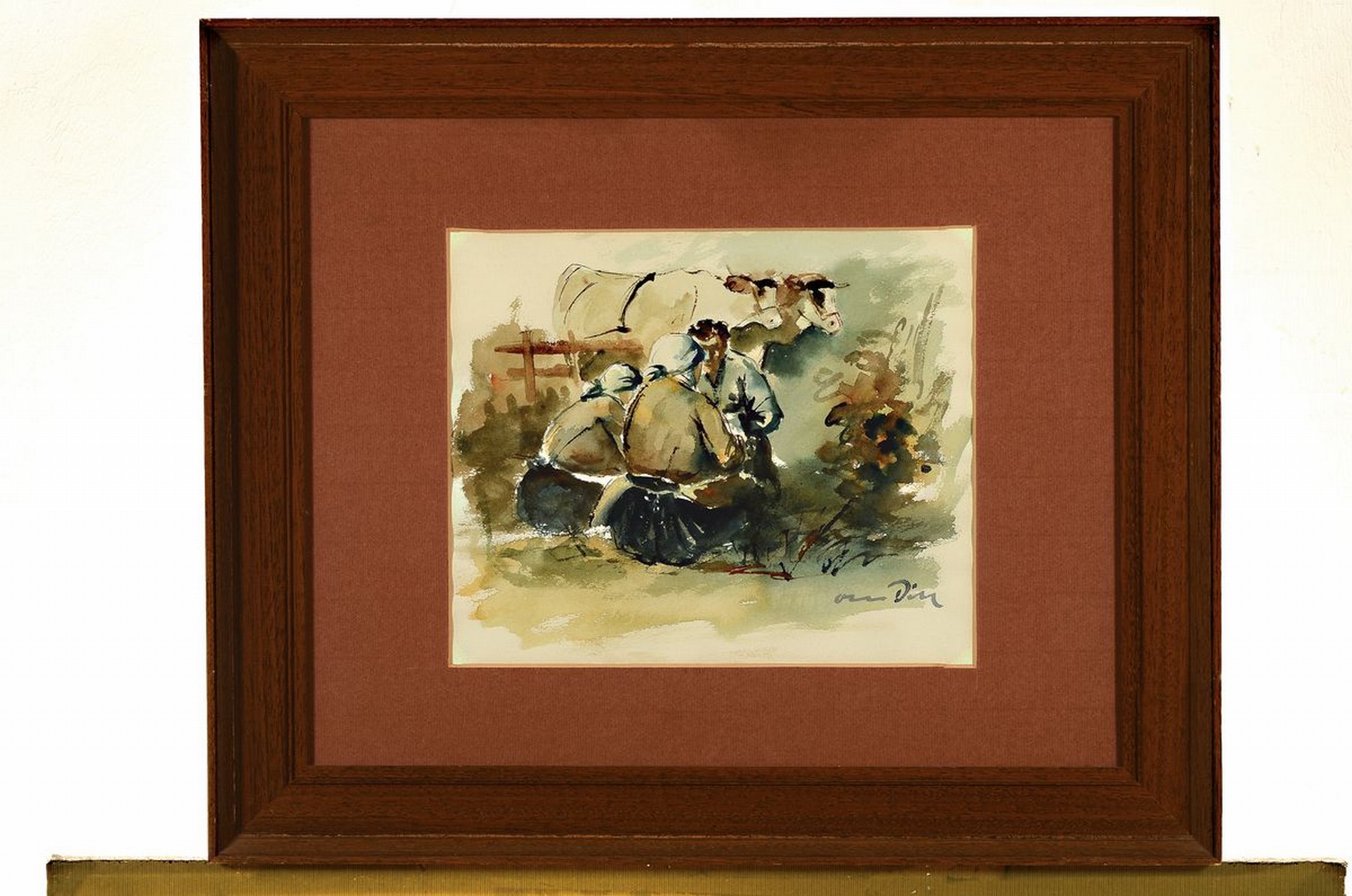 Detail k: Otto Dill, 1884 Neustadt-1957 Bad Dürkheim, Bauer mit seinen Mägden und Kühen, Aquarell, rechts unten signiert, im Passepartout, unter Glas ...