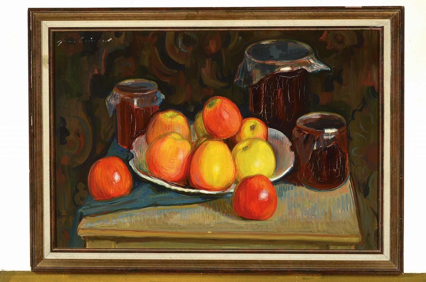 Detail k: Hermann Croissant, 1897-1963 Landau, Stillleben mit Äpfeln und Tönkrügen, Öl/Holz, links oben signiert, ca. 39x57cm/46x65cm, Rahmen