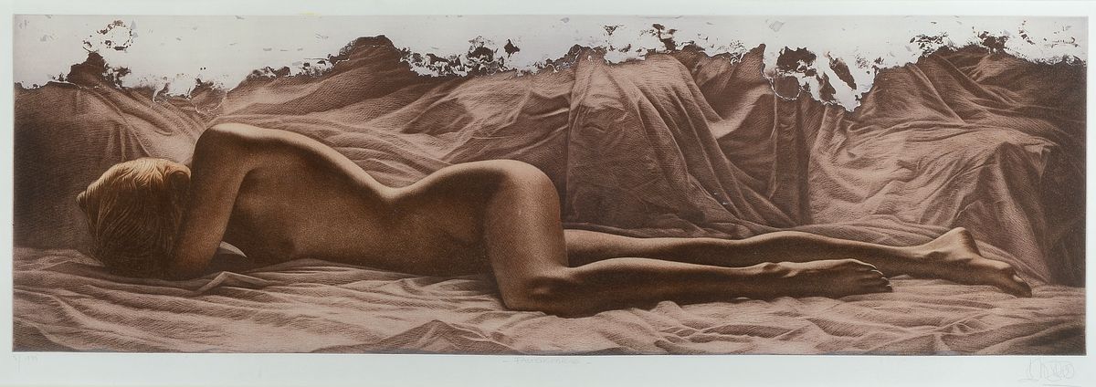 Willi Kissmer, 1951-2018, Faltengebirge, Farbradierung, handsign., num. 5/199, Werksverzeichnis-Nr. 63, Platte ca. 31x97 cm, unter Glas gerahmt, ...