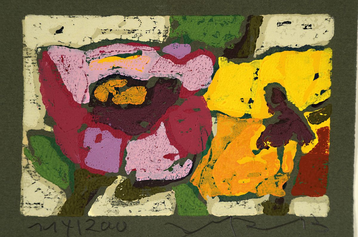 Klaus Fussmann, geb. 1938, Farblinolschnitt "Blumen" , handsign., num. 114/200, ca. 11 ,5x15 cm
