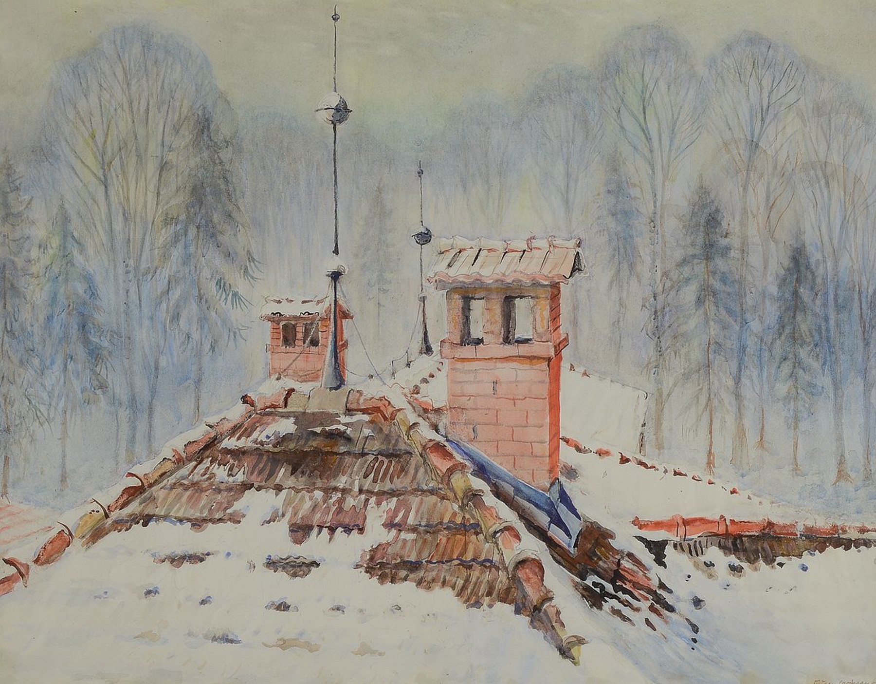 Eugen Croissant, 1868 Landau - 1976 Breitbrunn, verschneite Dächer vor Waldlandschaft, Aquarell/Papier, re. unten signiert, 45.5 x 59 cm, unter ...