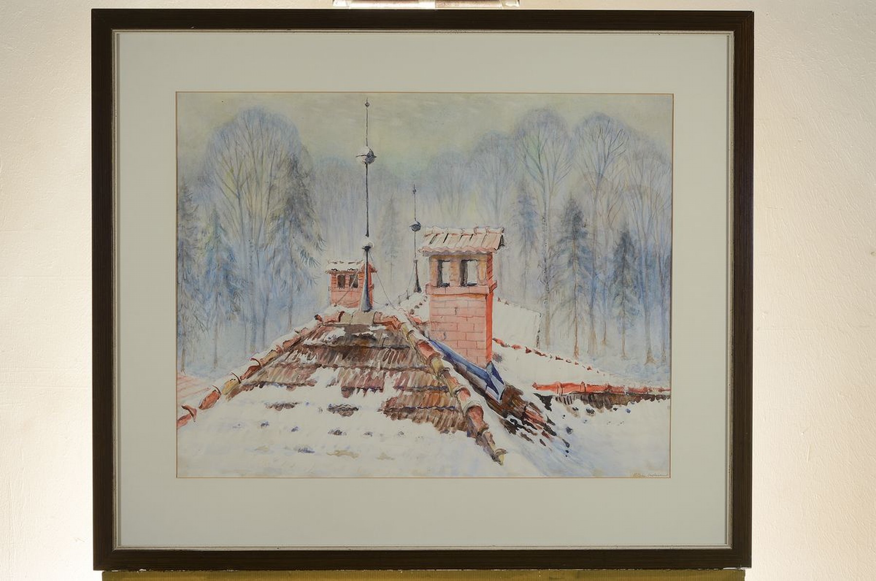 Detail k: Eugen Croissant, 1868 Landau - 1976 Breitbrunn, verschneite Dächer vor Waldlandschaft, Aquarell/Papier, re. unten signiert, 45.5 x 59 cm, unter ...