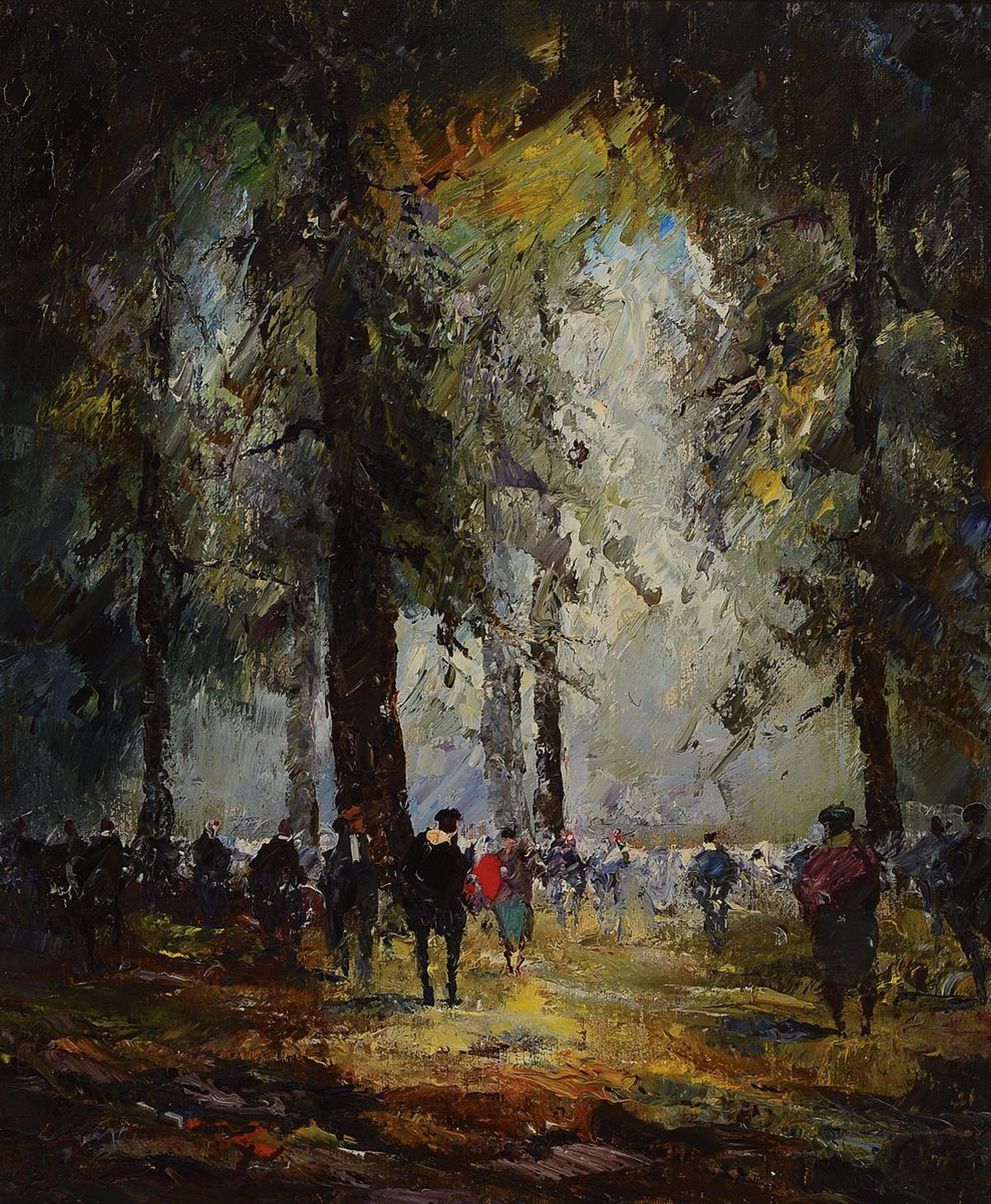 Unbekannter Künstler, Mitte 20. Jh., Gesellschaft in Waldlandschaft, Öl/Lwd, 60er Jahre, ca. 60 x 50 cm, Rahmen