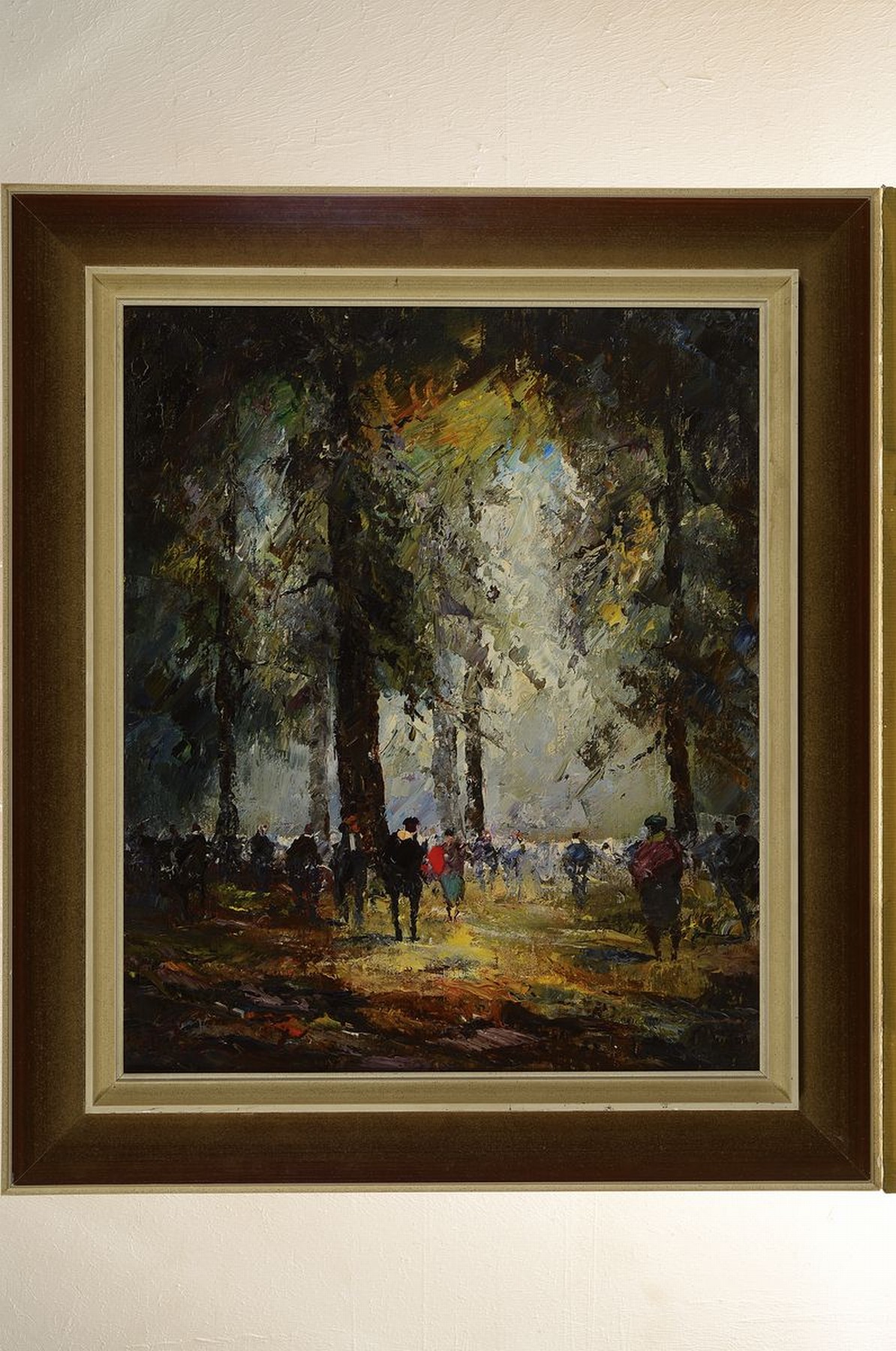 Detail k: Unbekannter Künstler, Mitte 20. Jh., Gesellschaft in Waldlandschaft, Öl/Lwd, 60er Jahre, ca. 60 x 50 cm, Rahmen