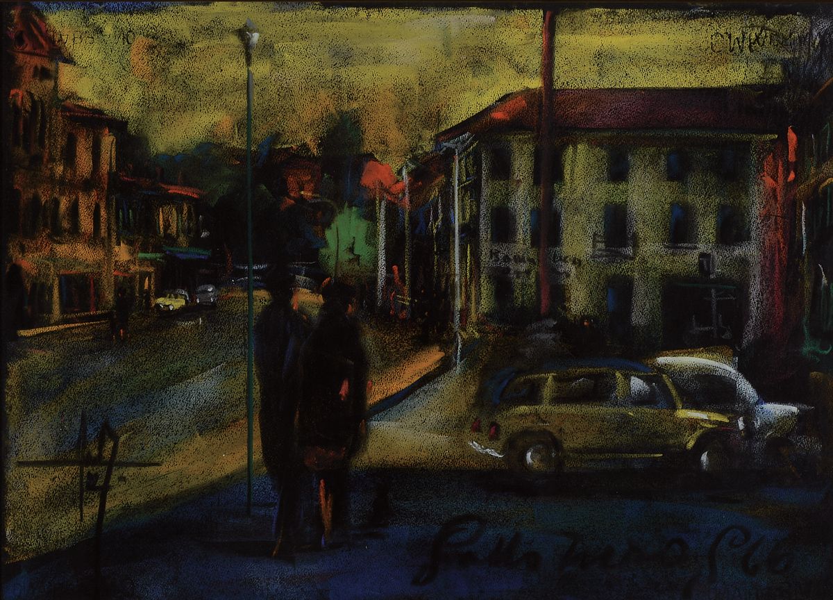 Sotto Turos, unleserlich signiert und dat. 66, wohl südamerikanische Stadtansicht am Abend mit Spaziergängern, Pastell Pastell, mehrfach ...