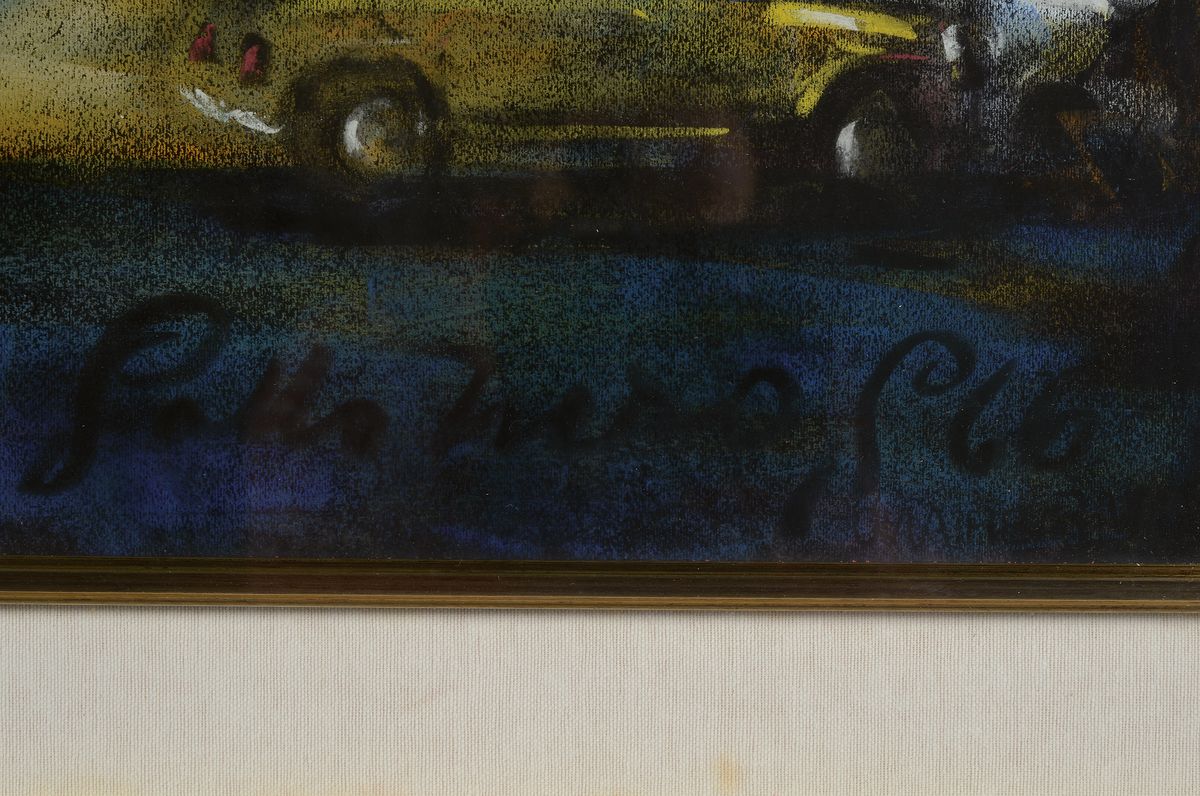Detail a: Sotto Turos, unleserlich signiert und dat. 66, wohl südamerikanische Stadtansicht am Abend mit Spaziergängern, Pastell Pastell, mehrfach ...