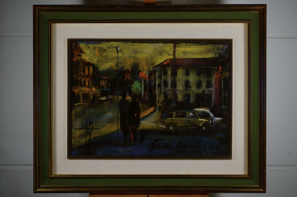 Detail k: Sotto Turos, unleserlich signiert und dat. 66, wohl südamerikanische Stadtansicht am Abend mit Spaziergängern, Pastell Pastell, mehrfach ...