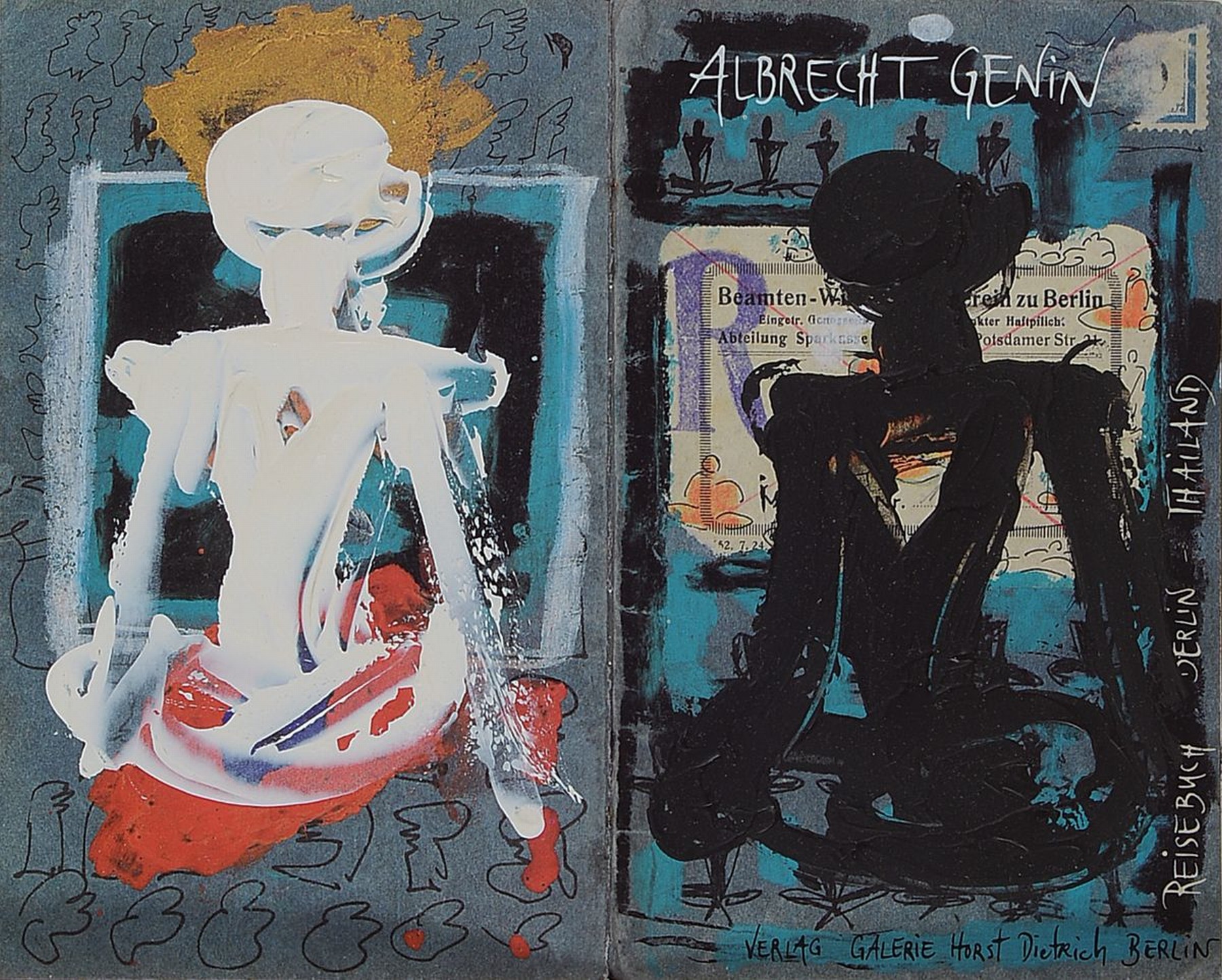 Albrecht Genin, 1945-2013, Multiple, auf dem Umschlag übermaltes Heft (Reisebuch Berlin-Thailand), ca. 17x22cm, u.Gl., R. ca. 51x43cm