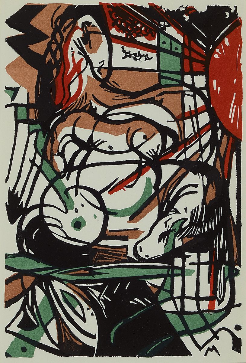 Franz Marc, 1880-1916, Die Geburt der Pferde, späterer Abzug des Farbholzschnitts von 1911, ca. 14x21cm, PP, u.Gl., R. ca. 30x35cm